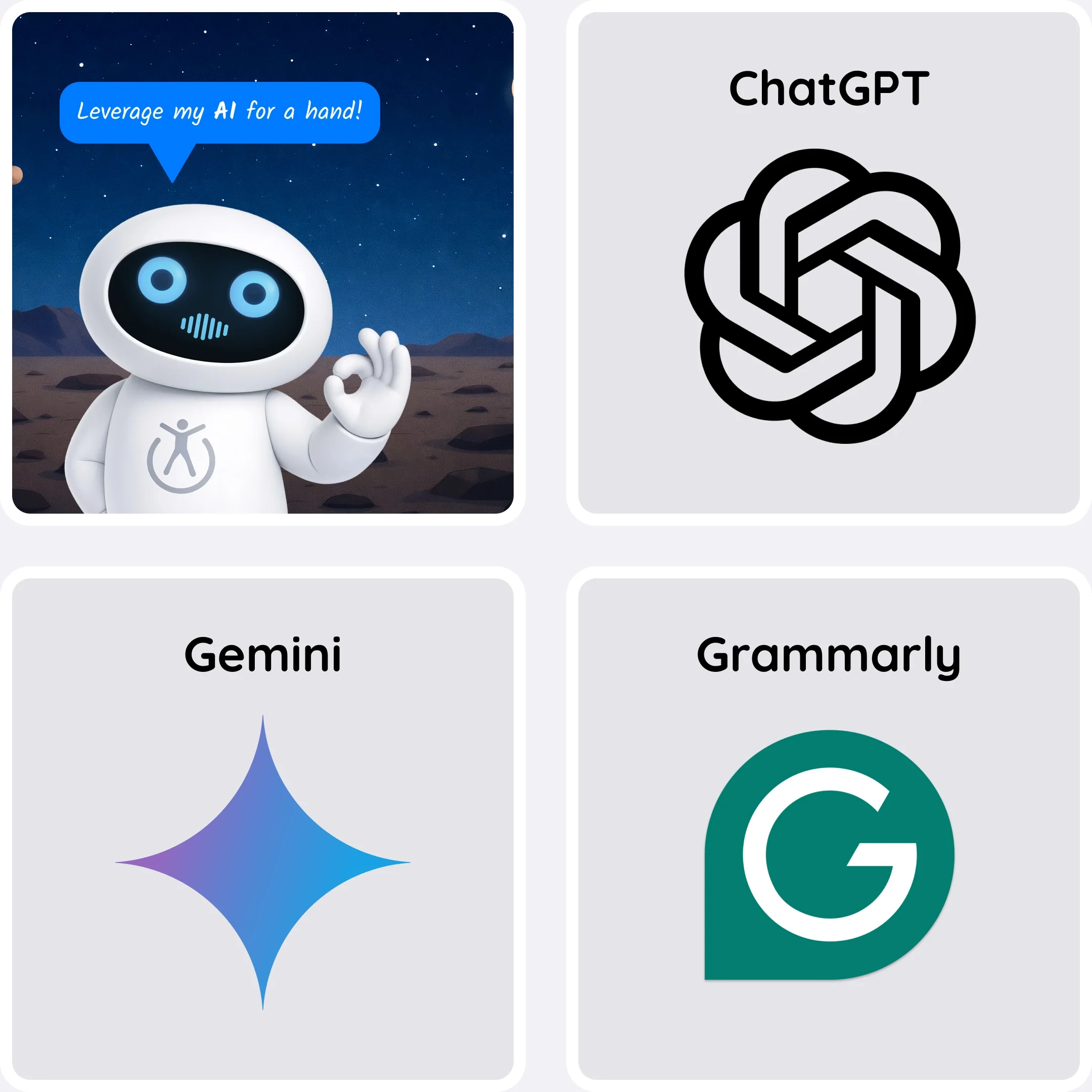  Robot suggesting the use of AI tools for proofreading alongside logos for ChatGPT, Gemini, and Grammarly. 