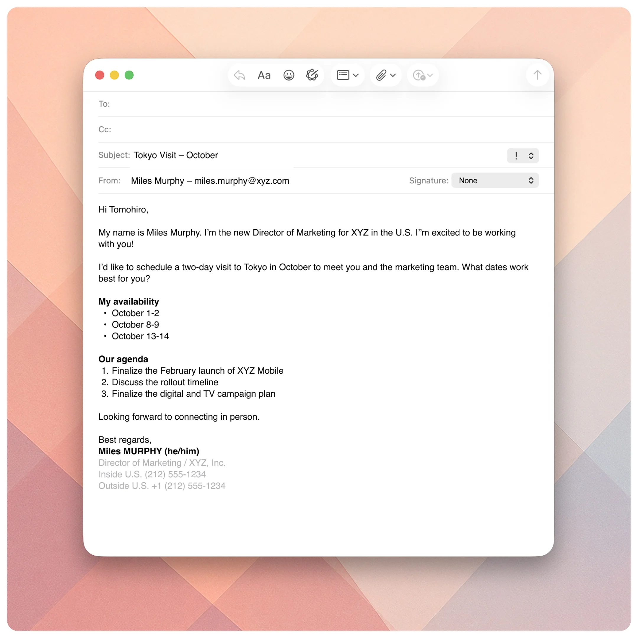  Email compose window showing a completed message with subject line and signature ready to send. 