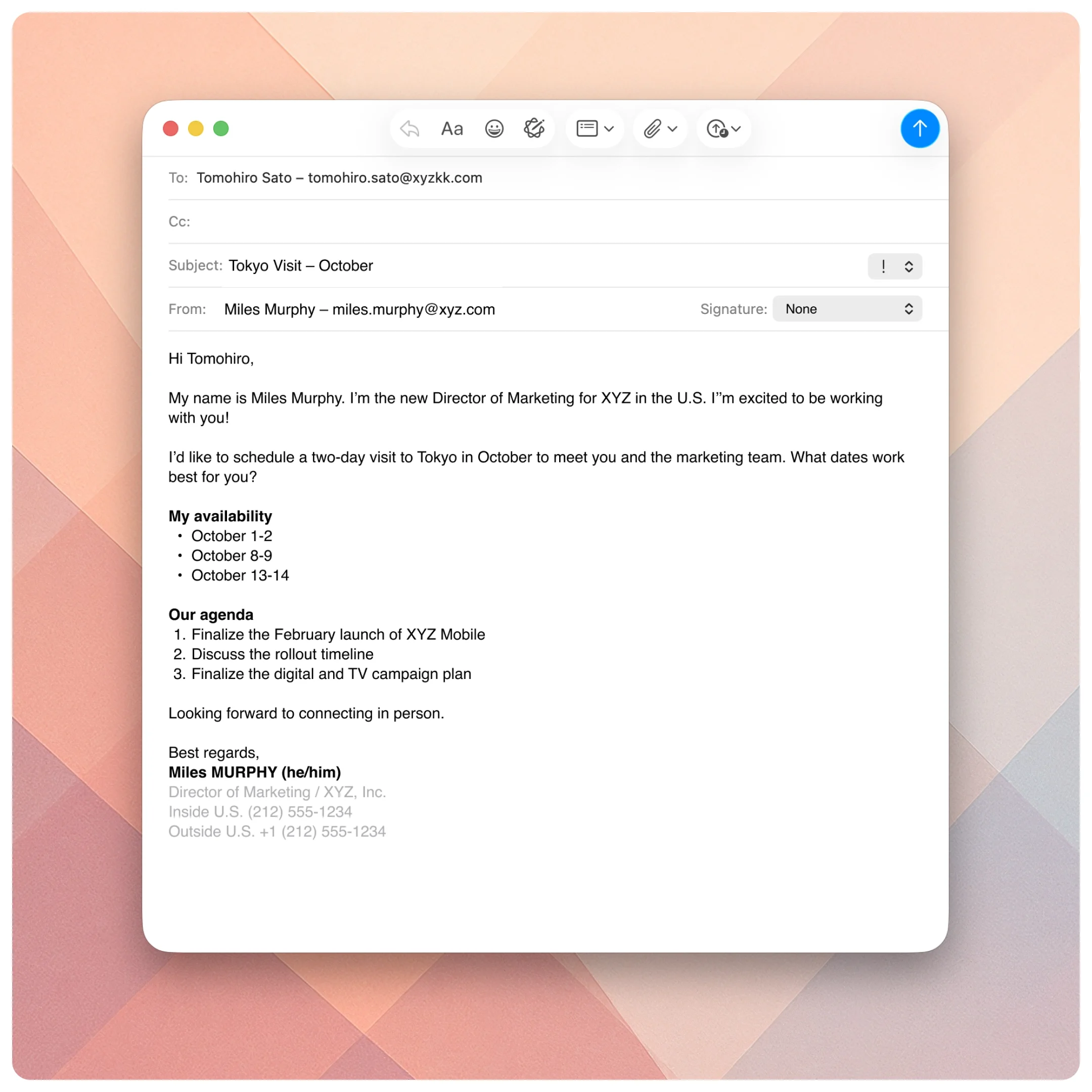  Email compose window showing the recipient email address added to the message. 