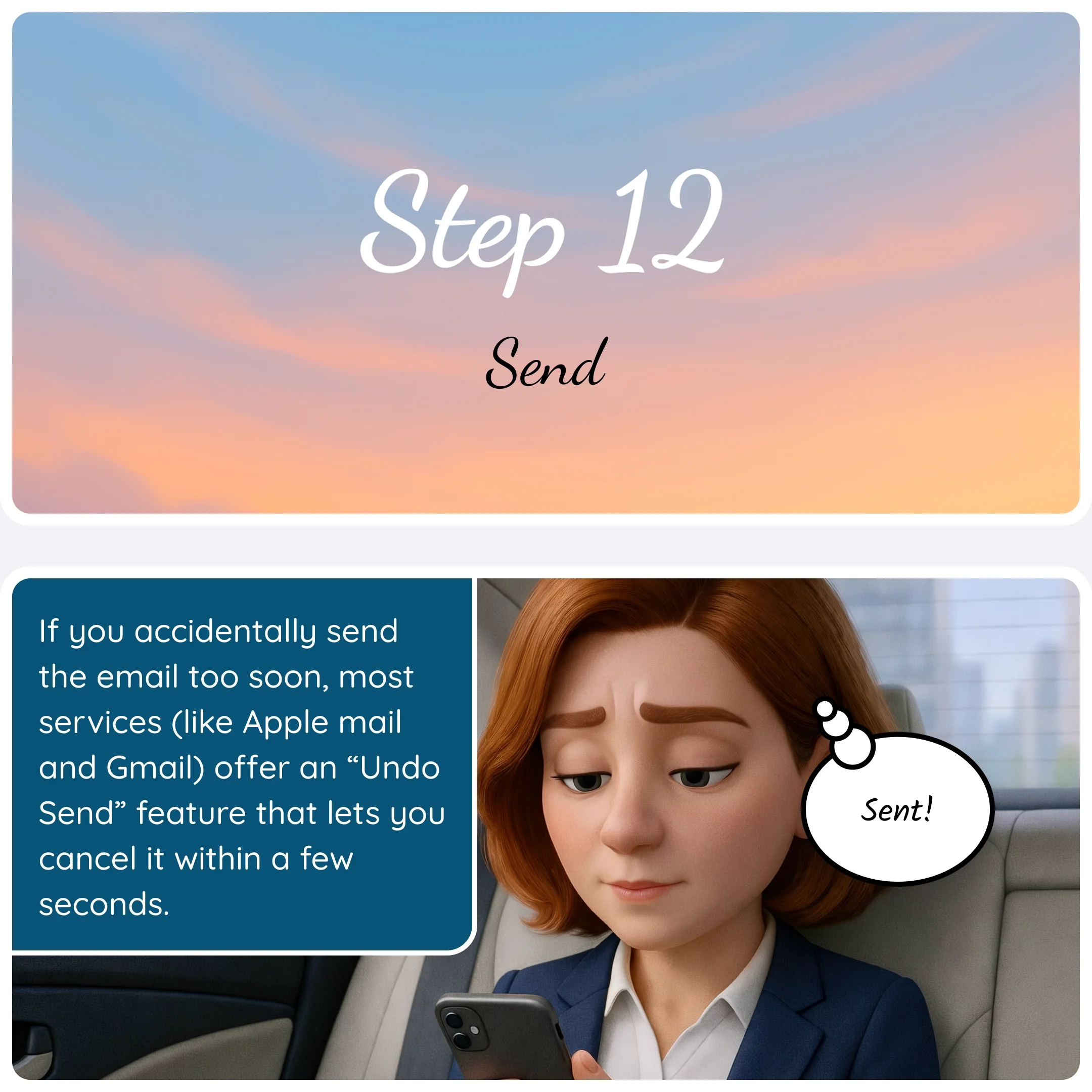  Step 12 card “Send” with a panel explaining that many email services allow undoing a sent message for a few seconds. 