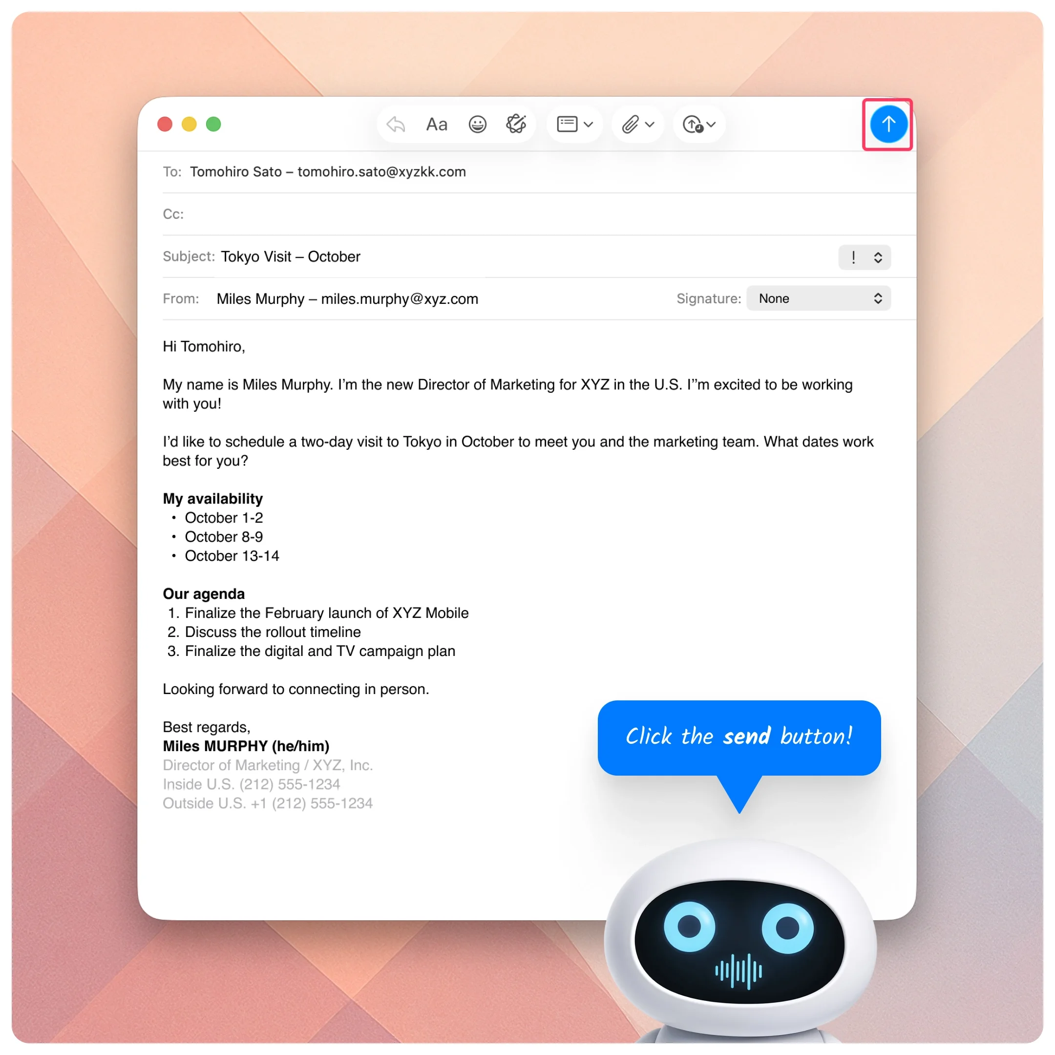  Email compose window highlighting the send button while a robot prompts the user to click send. 