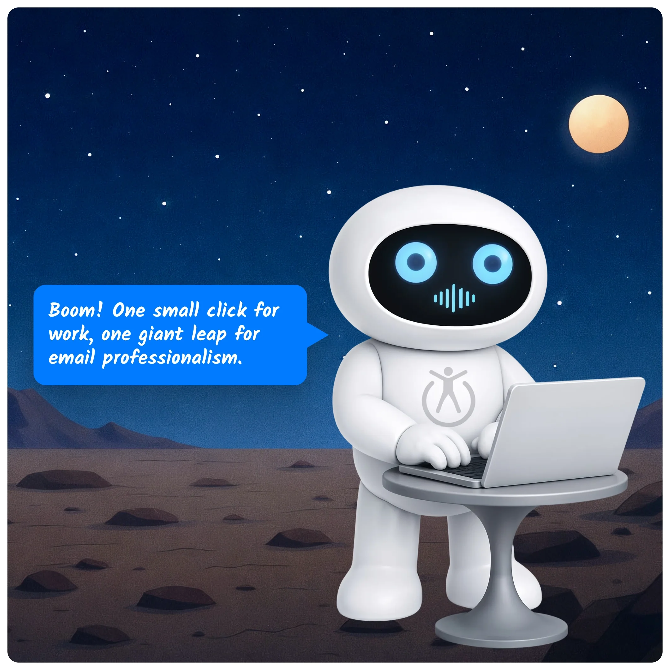 Robot using a laptop under a night sky celebrating sending a professional email. 