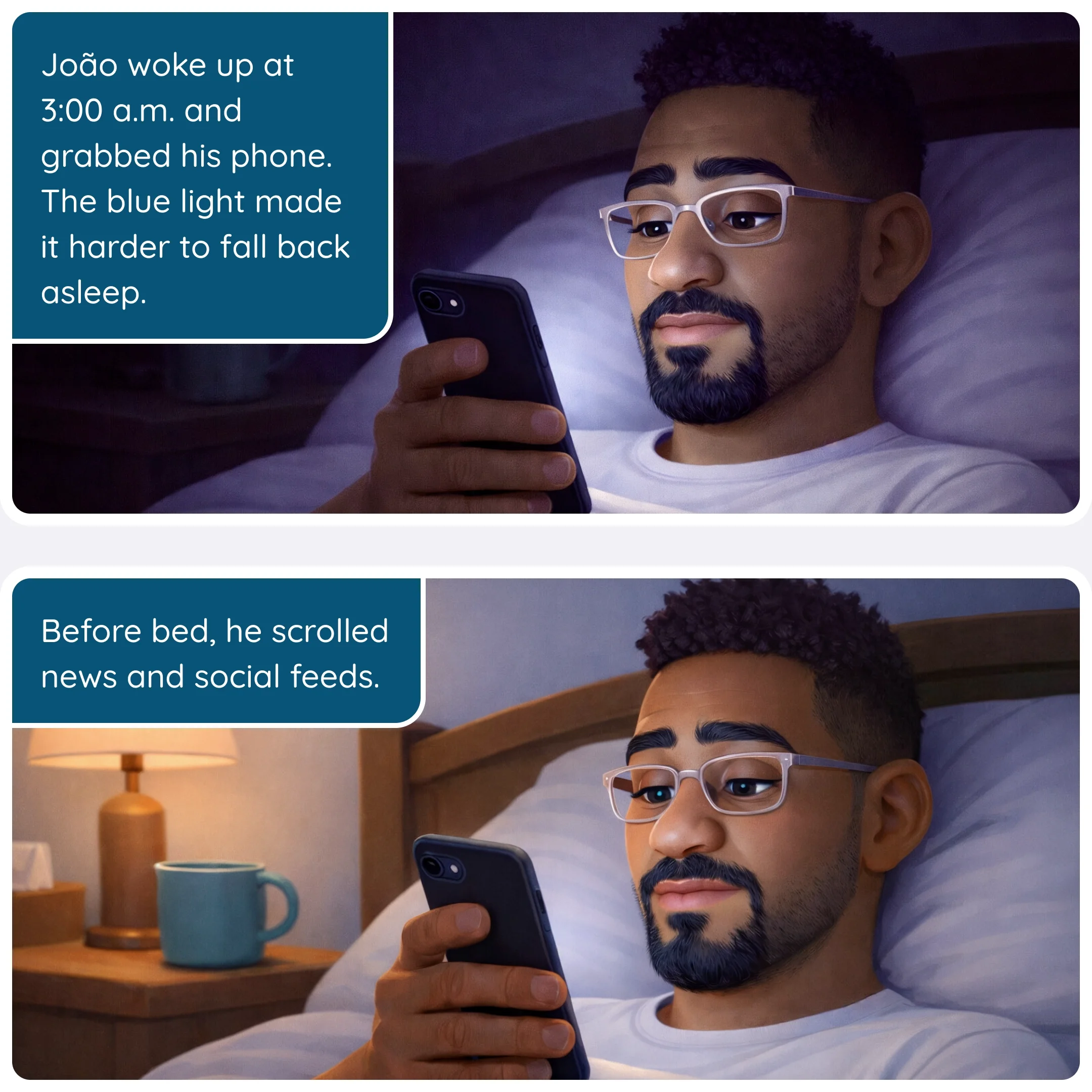  Man lying in bed at night checking his phone as blue light illuminates his face 