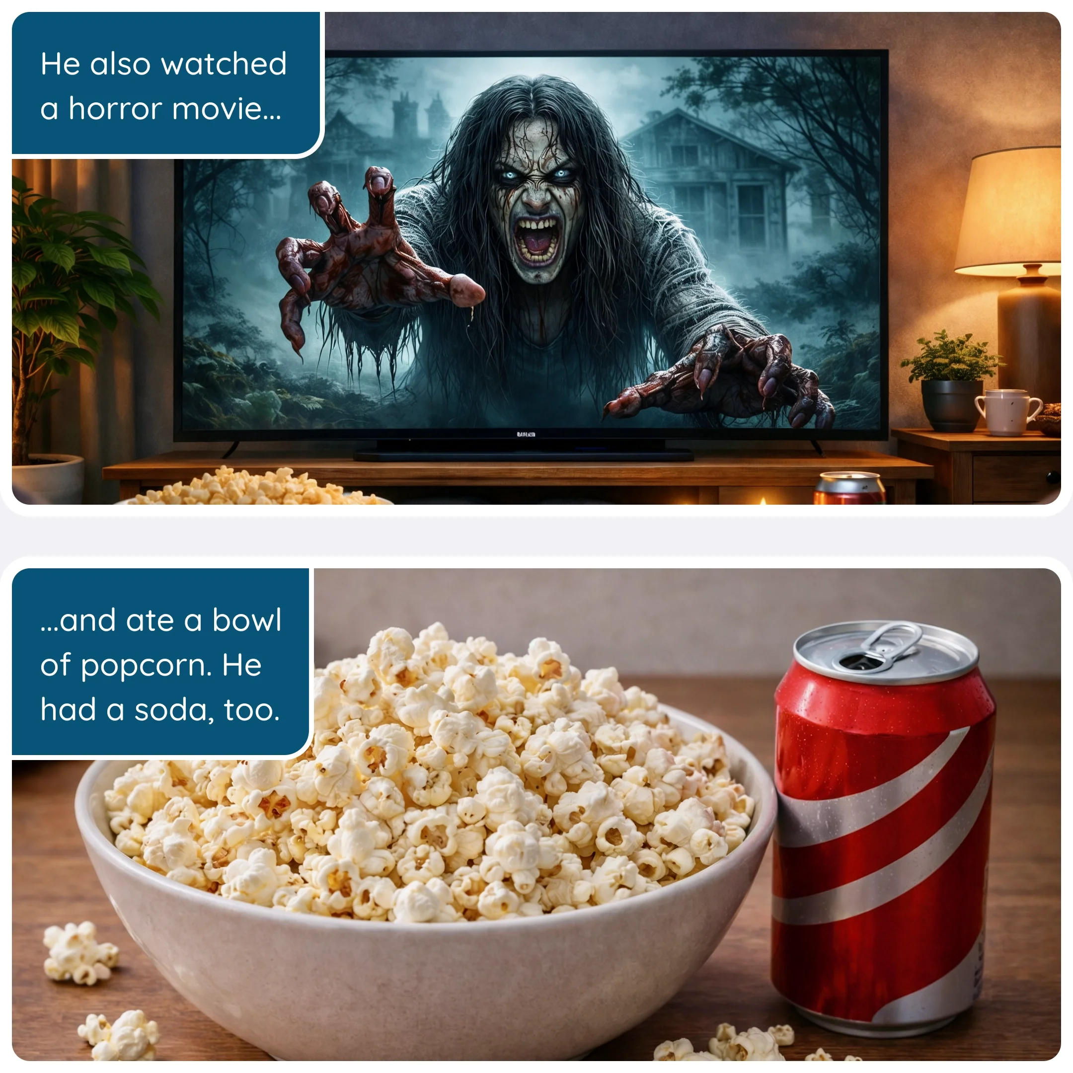  Man watching a horror movie on television while eating popcorn and drinking soda 