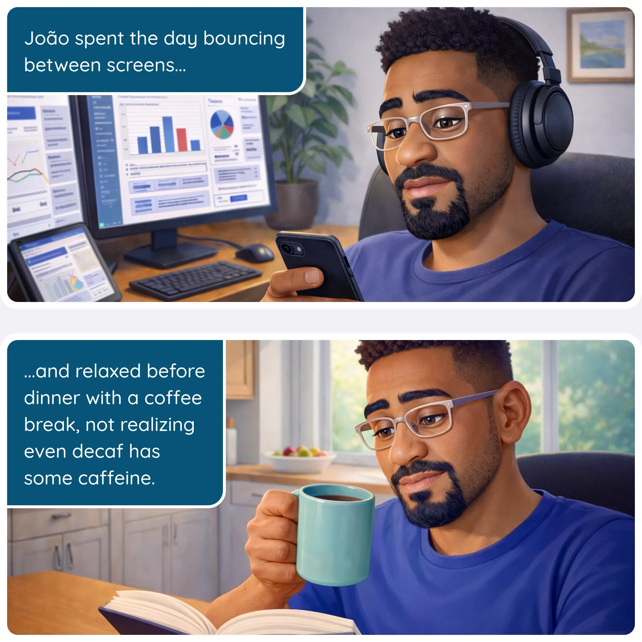  Man working at a desk with multiple screens, then drinking coffee while reading 