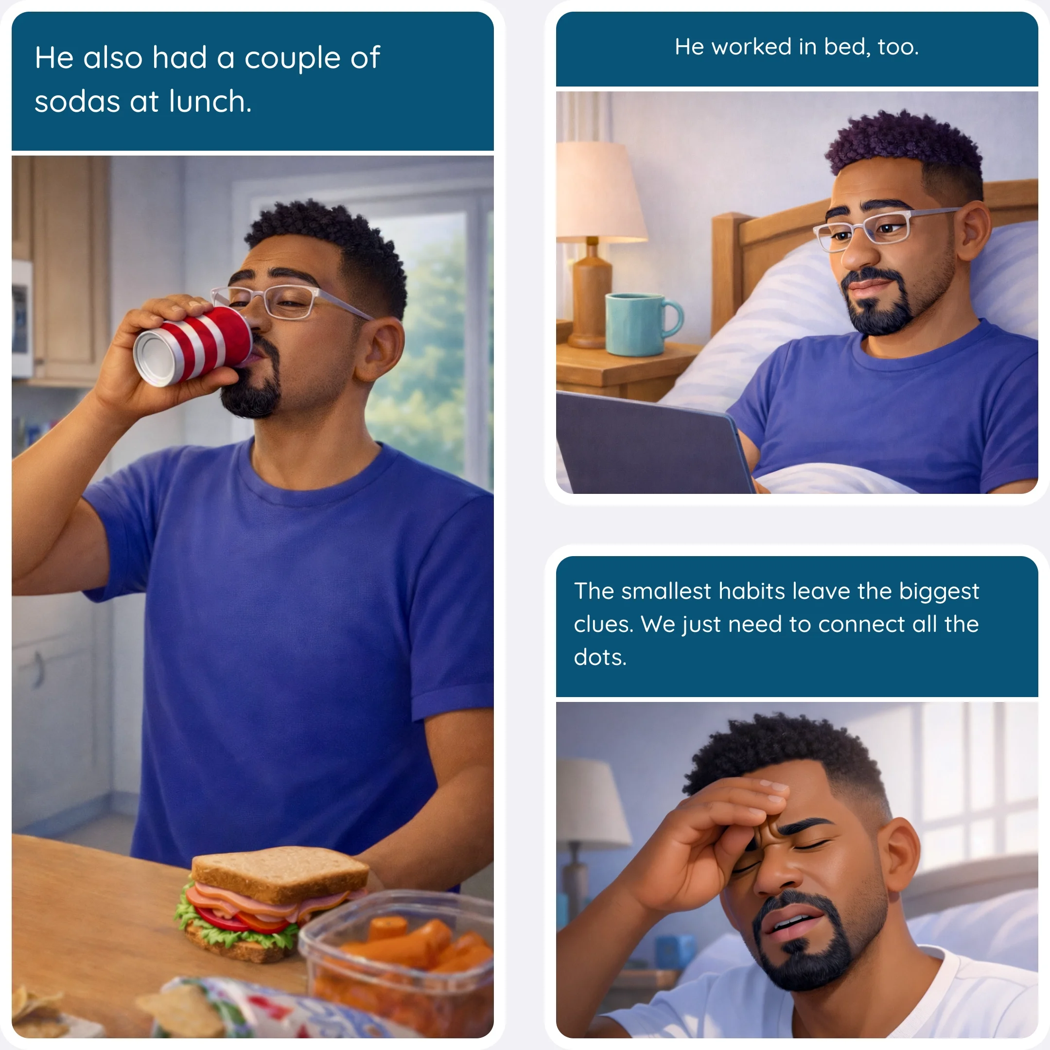  Man drinking soda at lunch and later working on a laptop while sitting in bed 