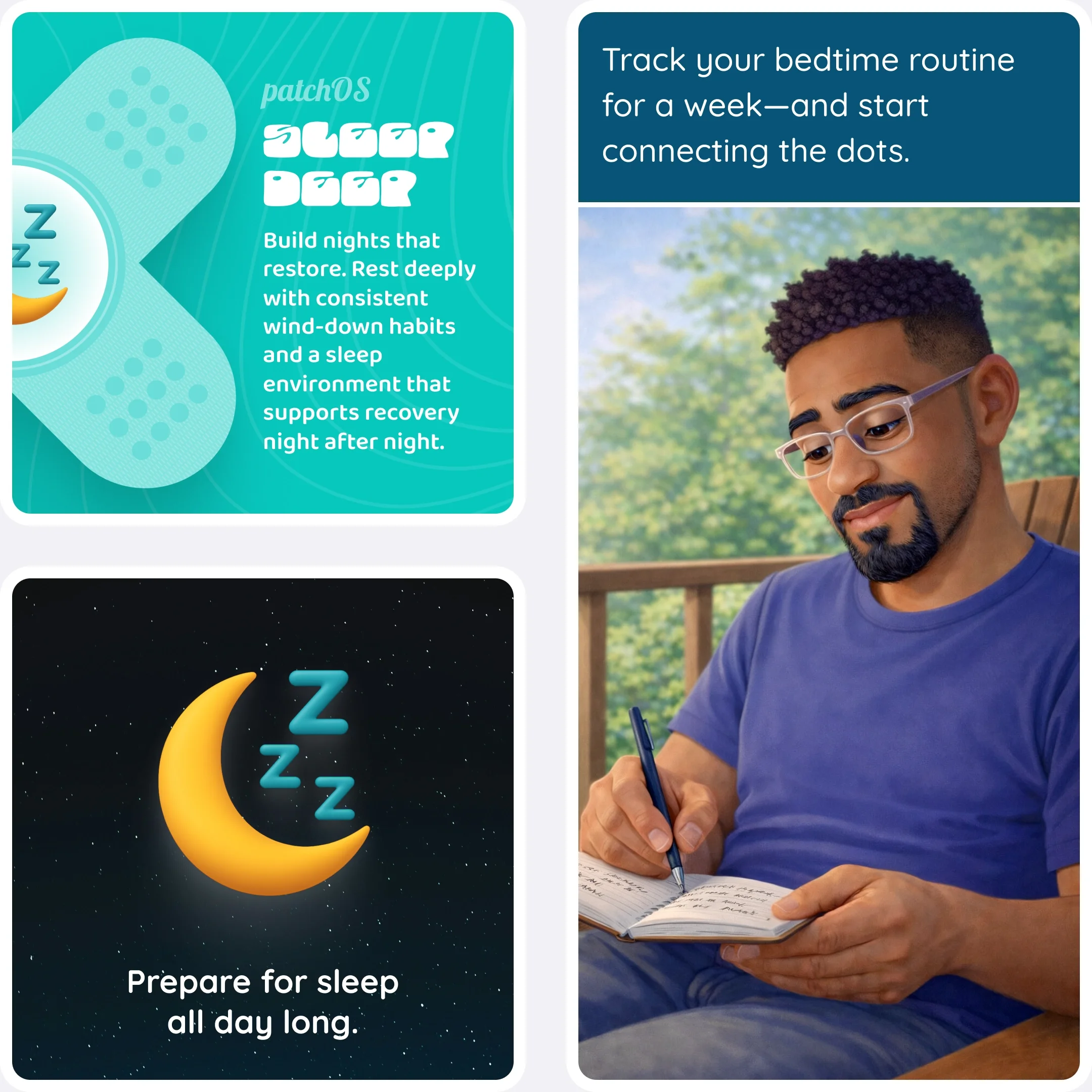  Sleep-themed graphic and moon icon followed by the man writing in a notebook on a balcony 