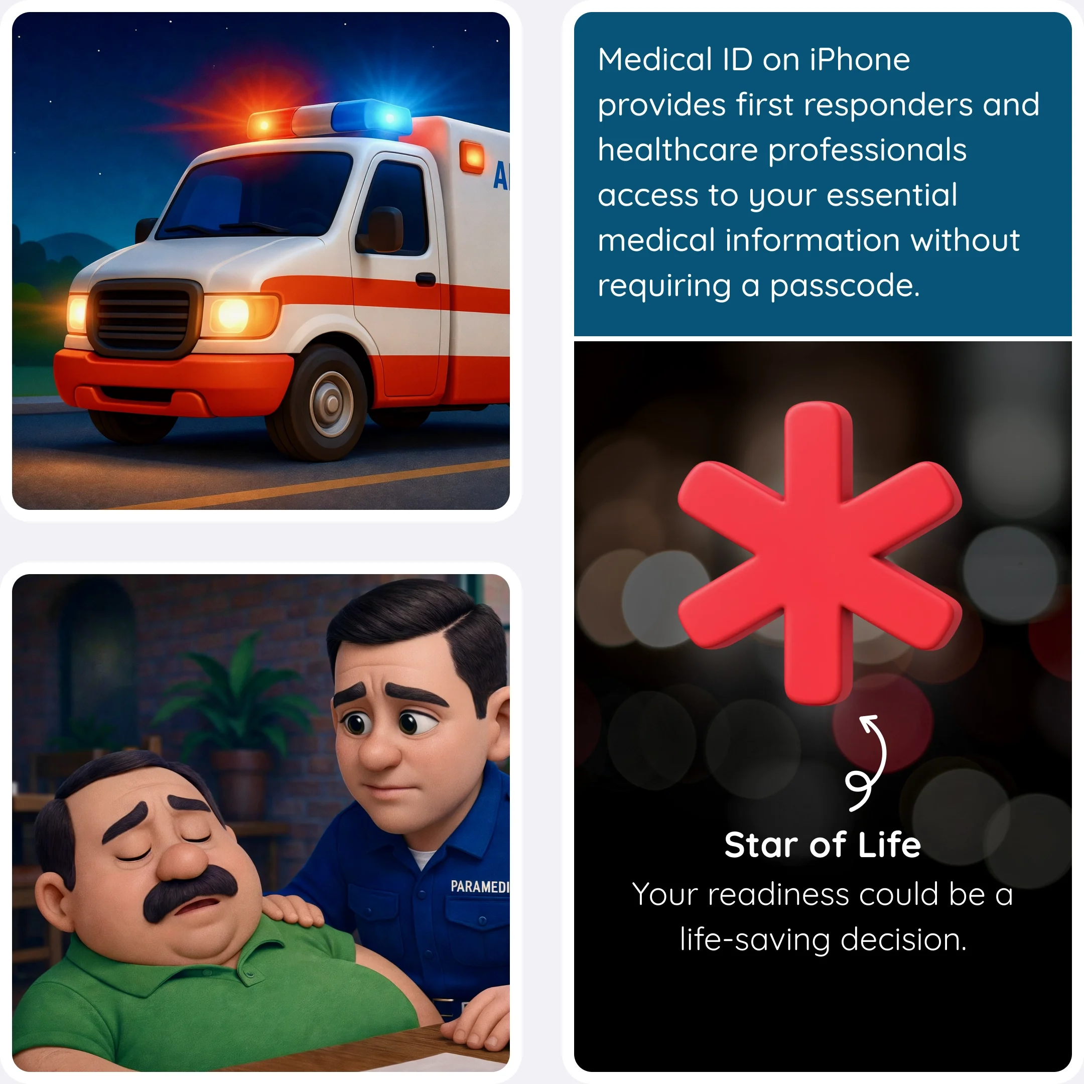  Ambulance driving at night and paramedic assisting an unconscious man. 