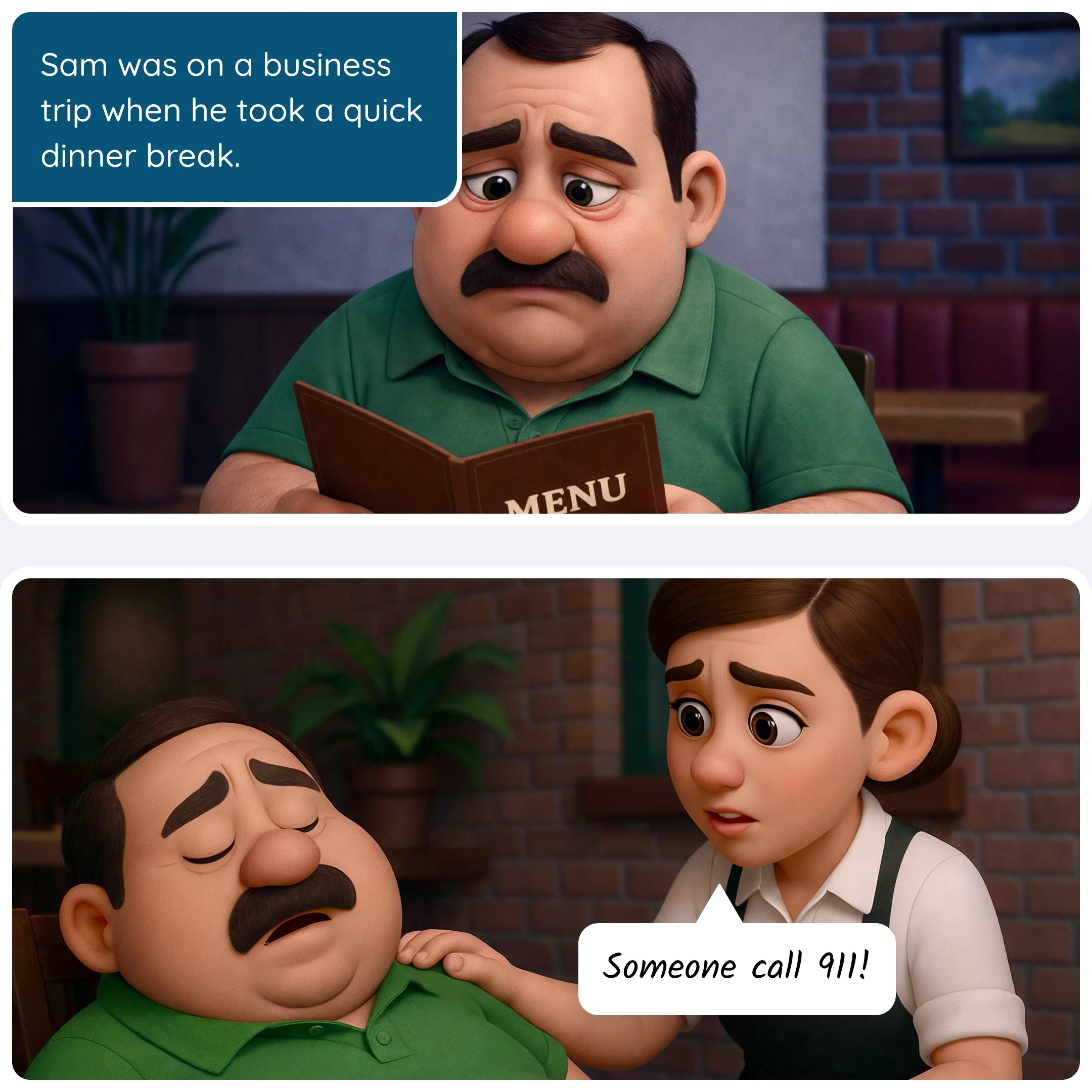  Man looking concerned at a menu in a restaurant, followed by a woman calling 911 as he collapses. 