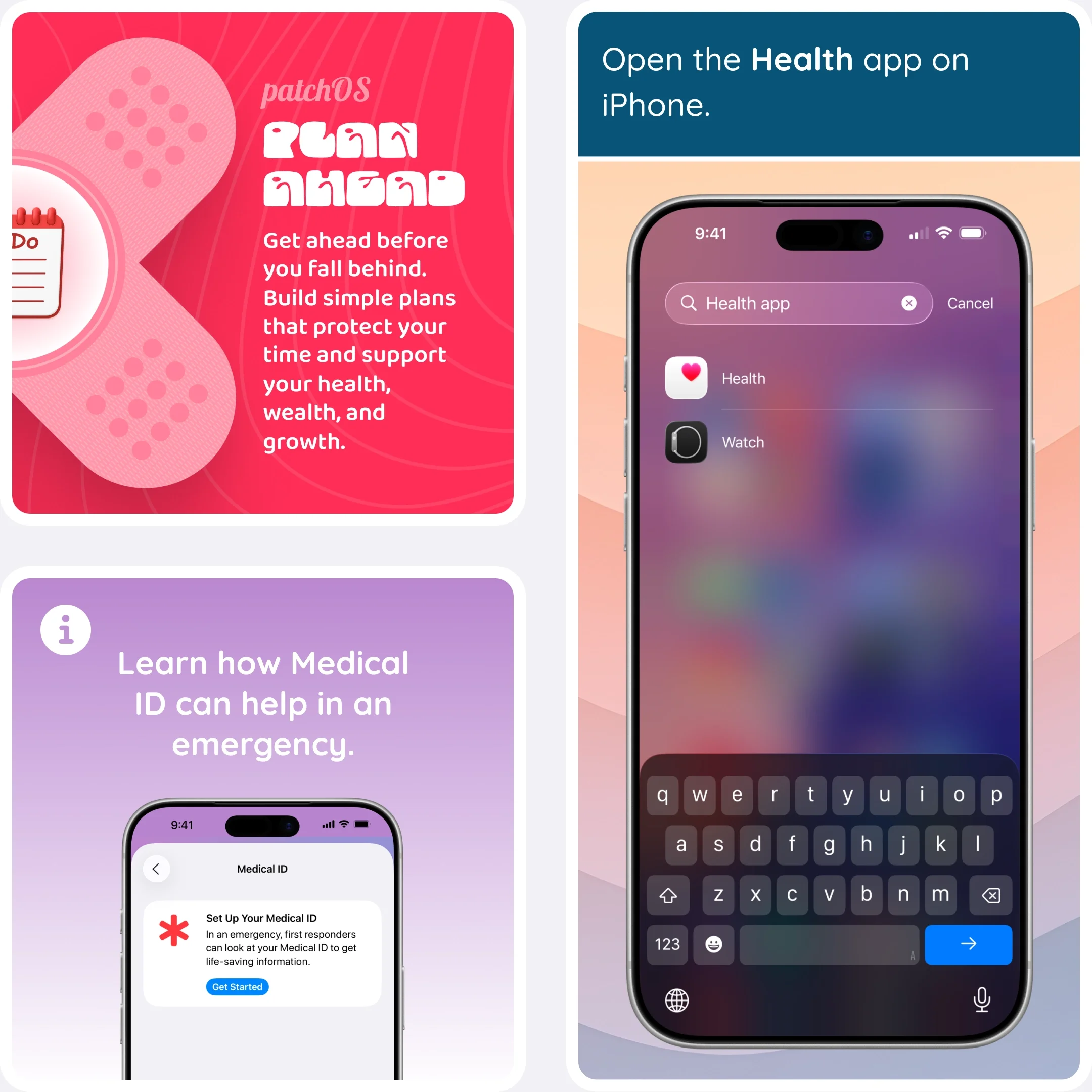  Medical ID patch card and iPhone screen introducing the feature. 