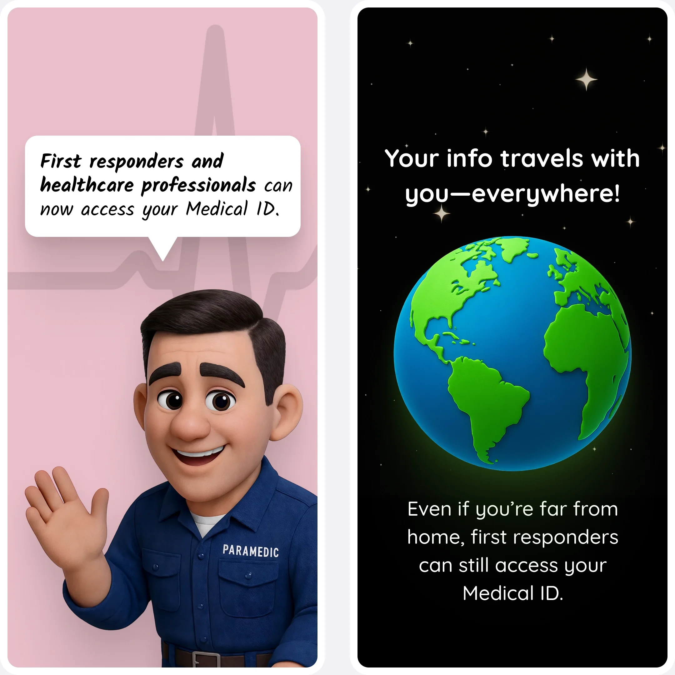  Paramedic character waving next to a globe graphic about accessing Medical ID anywhere. 