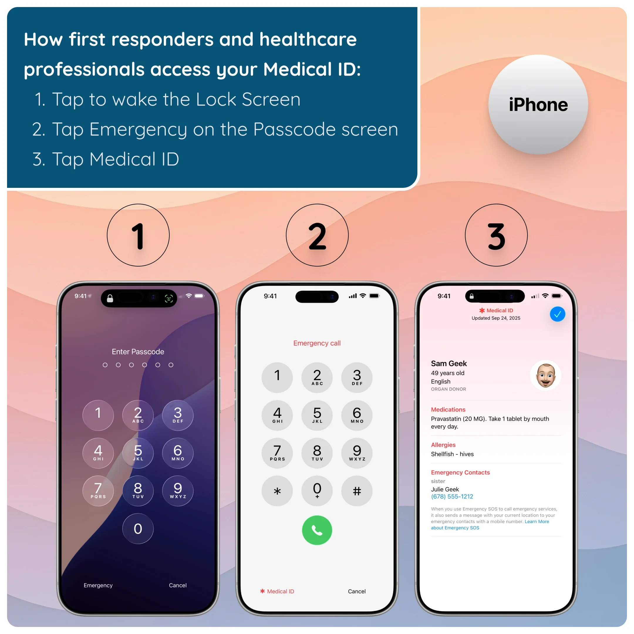  iPhone screens showing how to access Medical ID from the lock screen and passcode screen. 