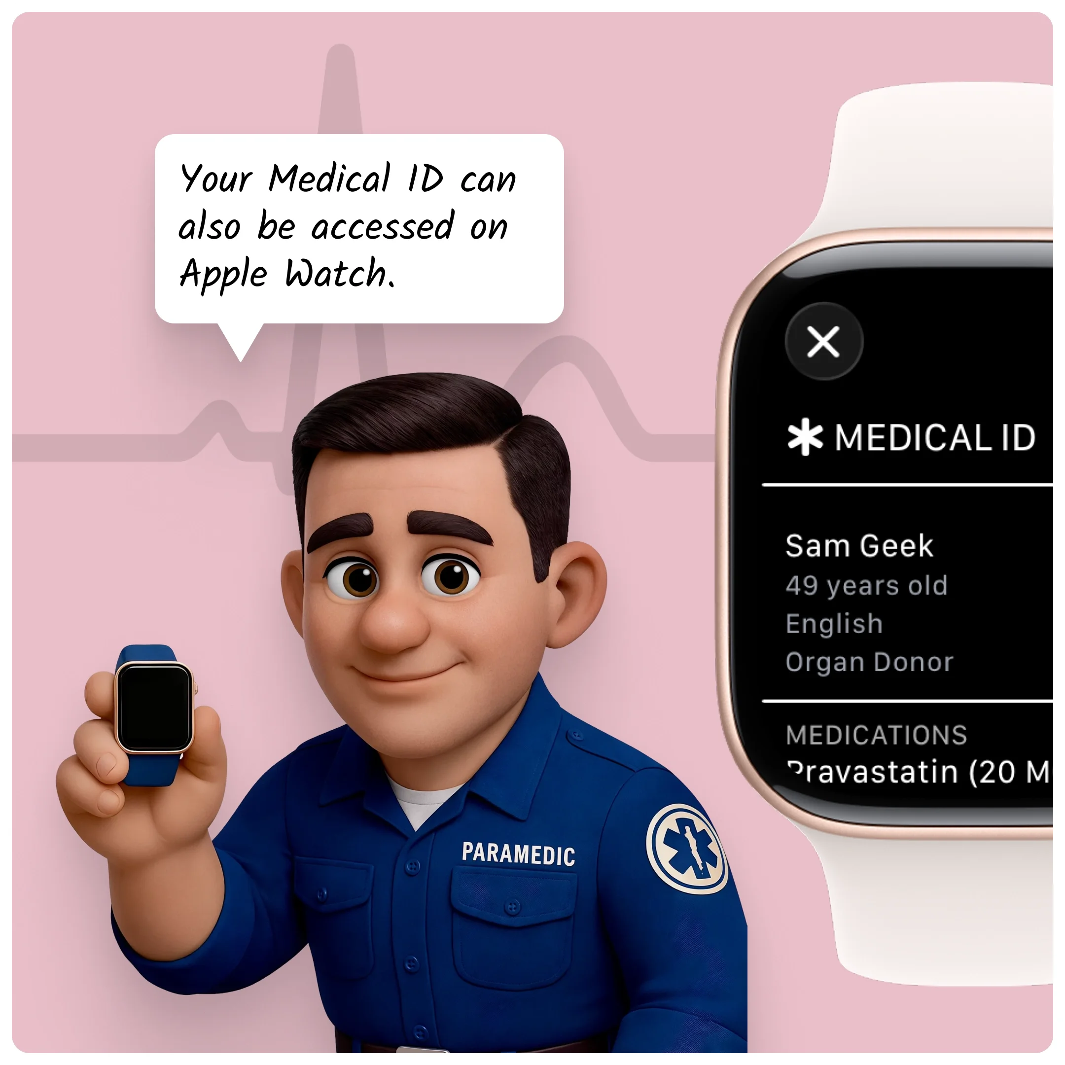  Paramedic holding an Apple Watch displaying Medical ID information. 