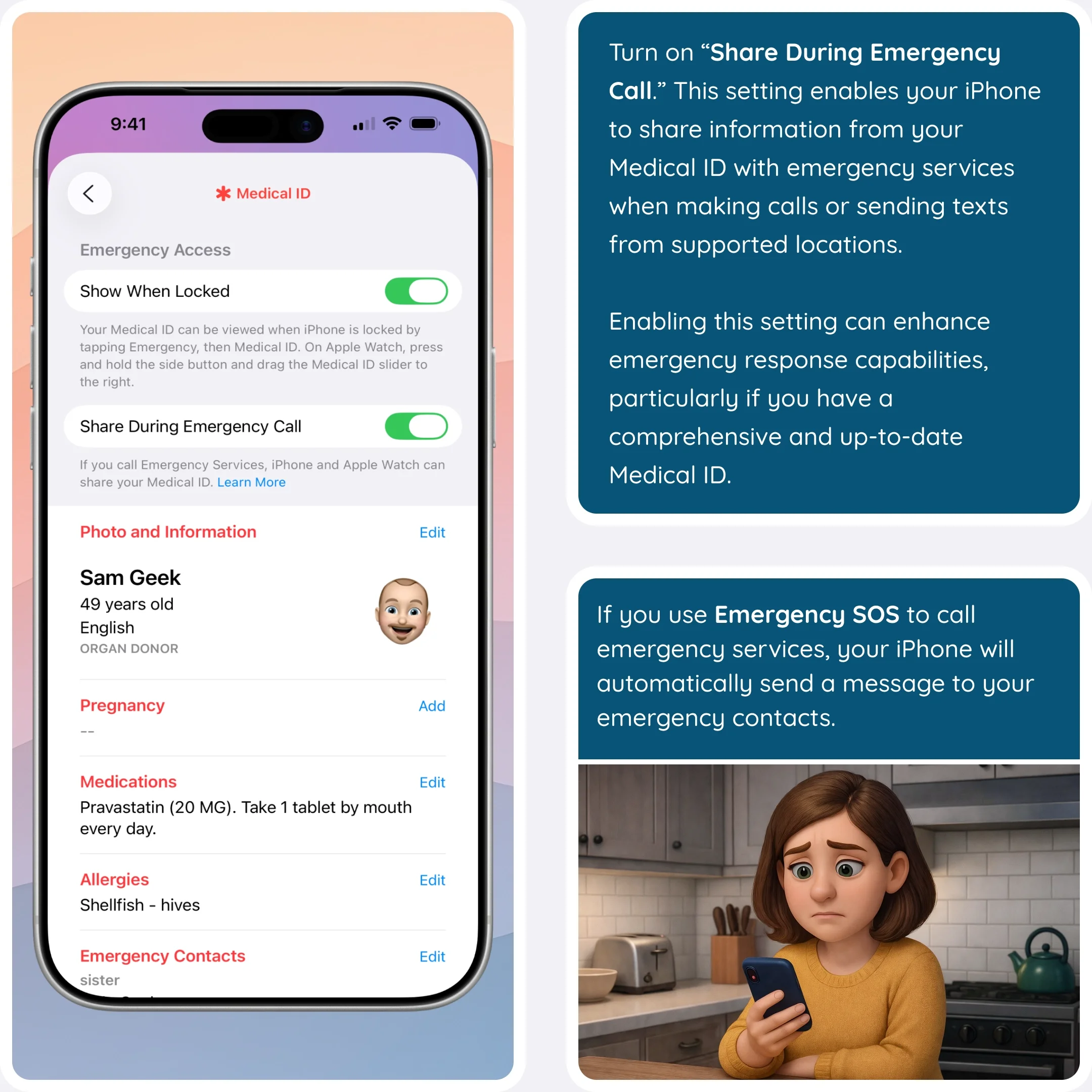  iPhone settings screen for Medical ID and a person using Emergency SOS. 