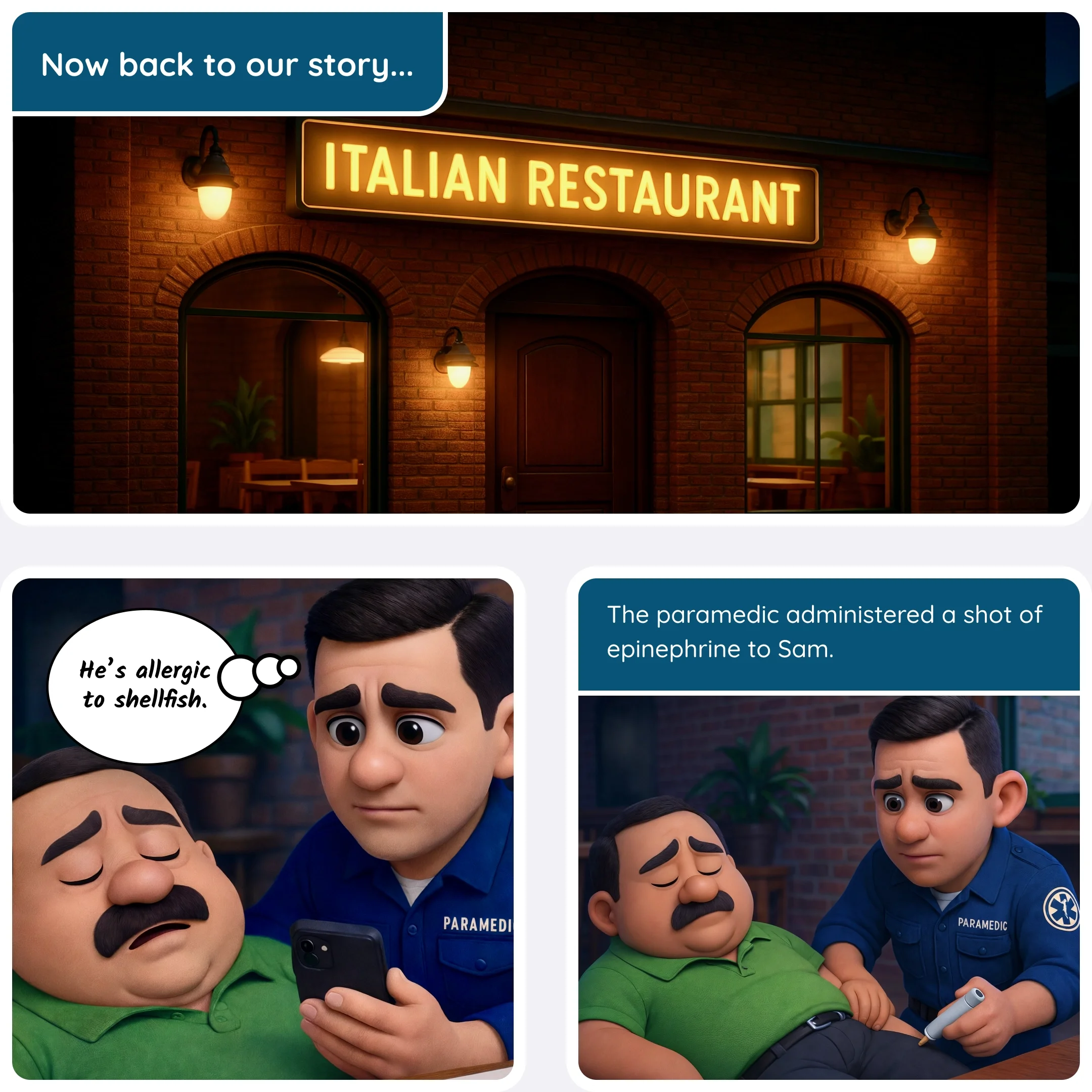  Paramedic checking a phone while treating a man having an allergic reaction. 