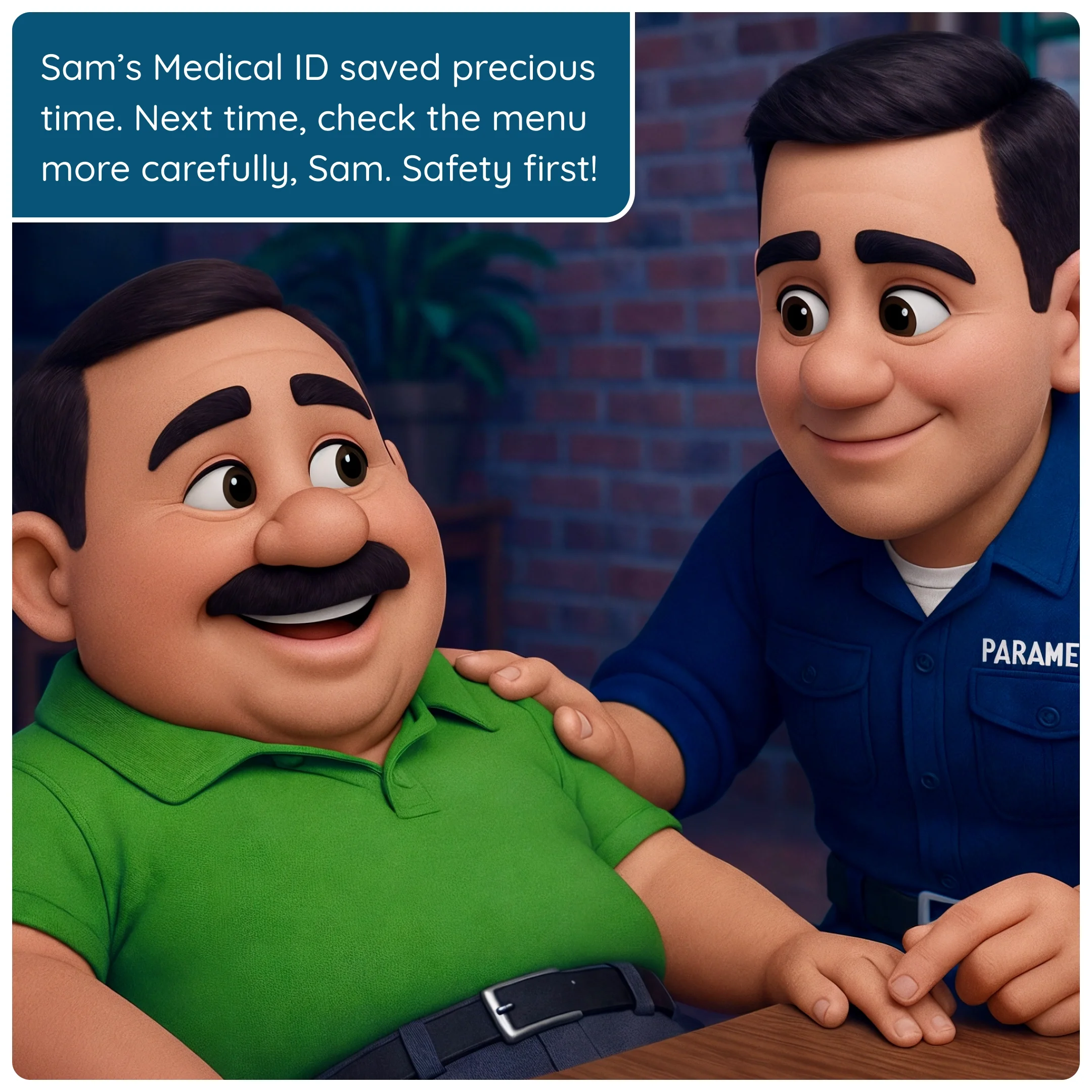  Paramedic helping the man recover while speaking reassuringly. 