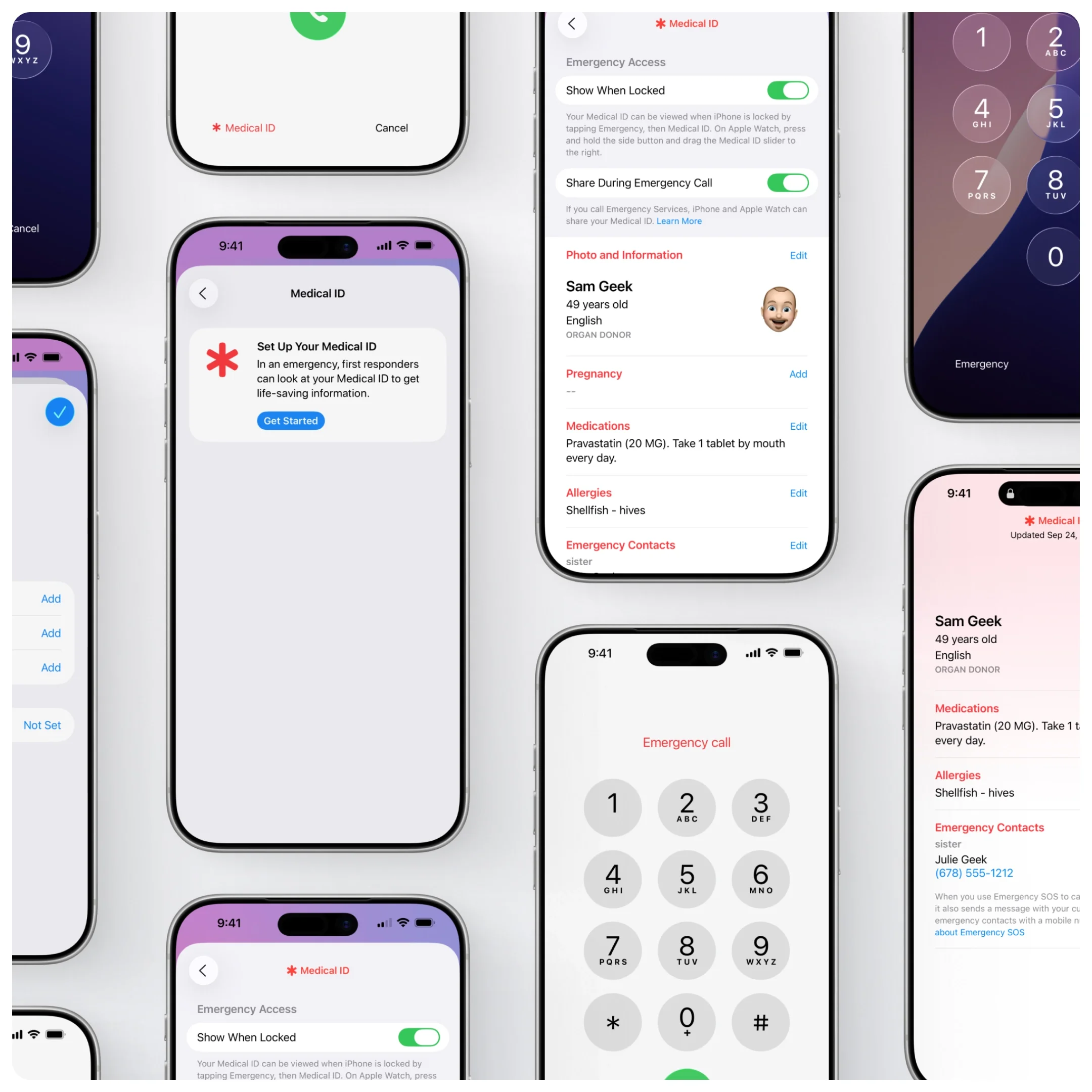  Multiple iPhone screens showing Medical ID setup and emergency dial interface. 