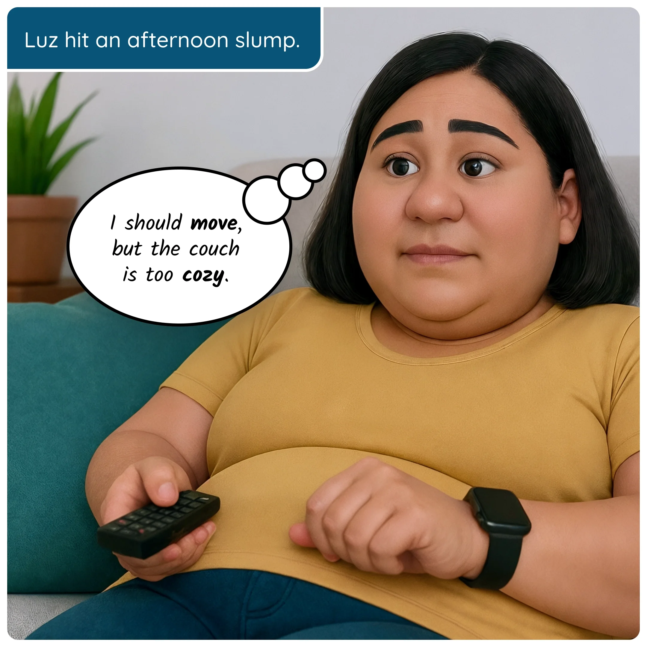  Woman sits on a couch feeling sluggish, thinking she should move but feels too comfortable. 