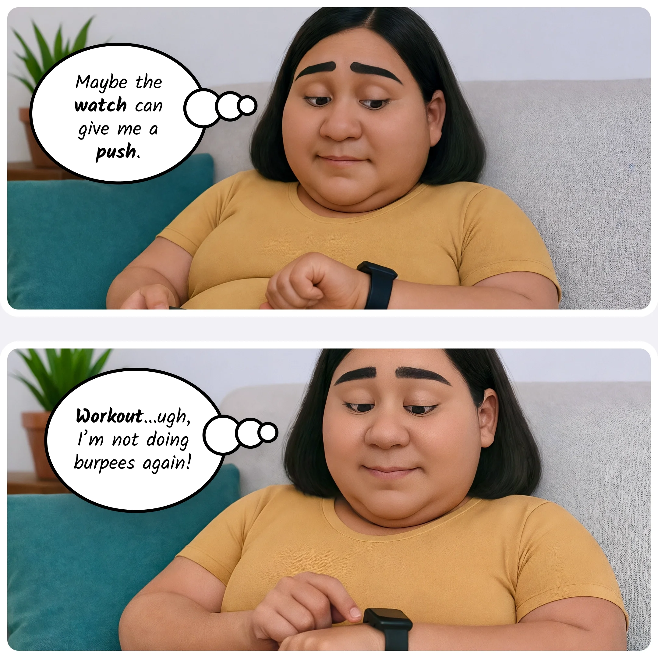  She checks her watch and considers workouts but hesitates, thinking about burpees. 