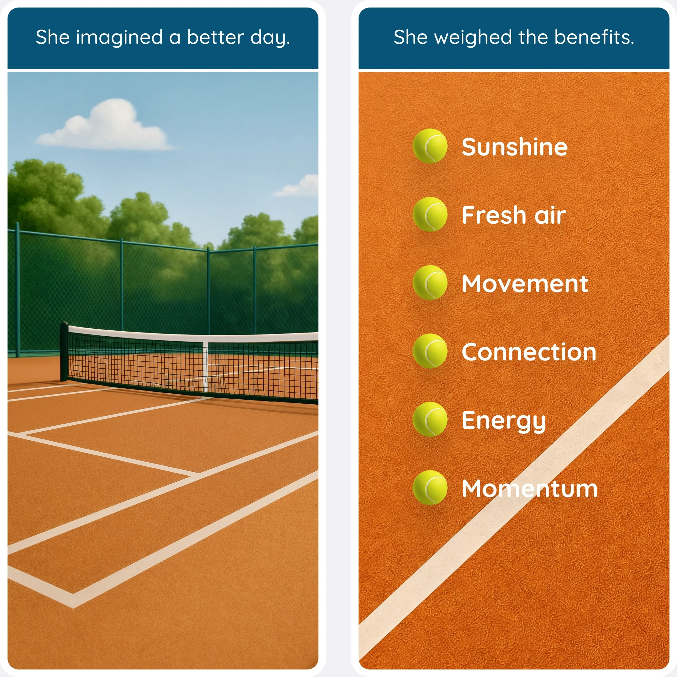  She imagines a tennis court and visualizes the benefits of movement like energy and momentum. 