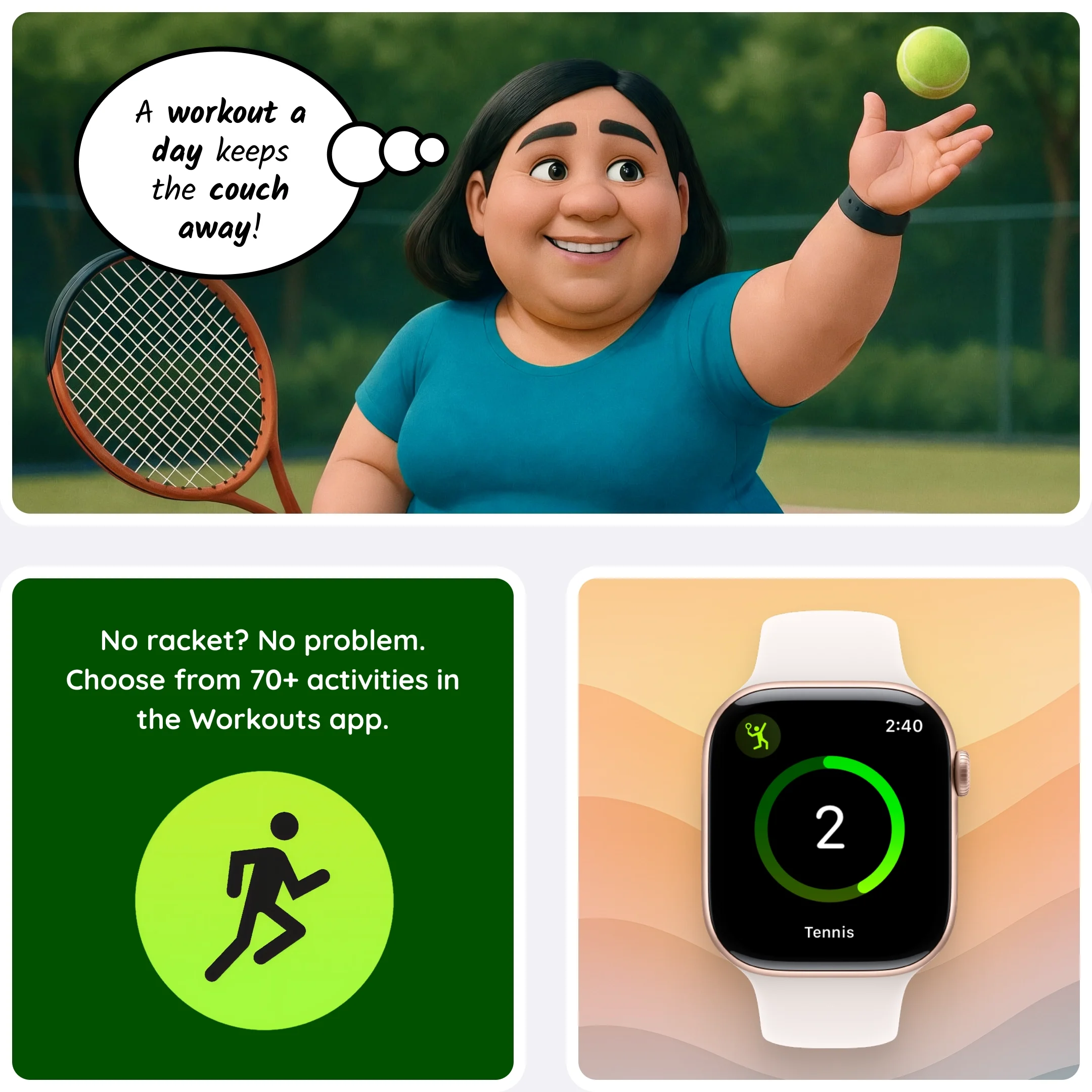  She plays tennis and enjoys movement, with a smartwatch tracking her activity. 