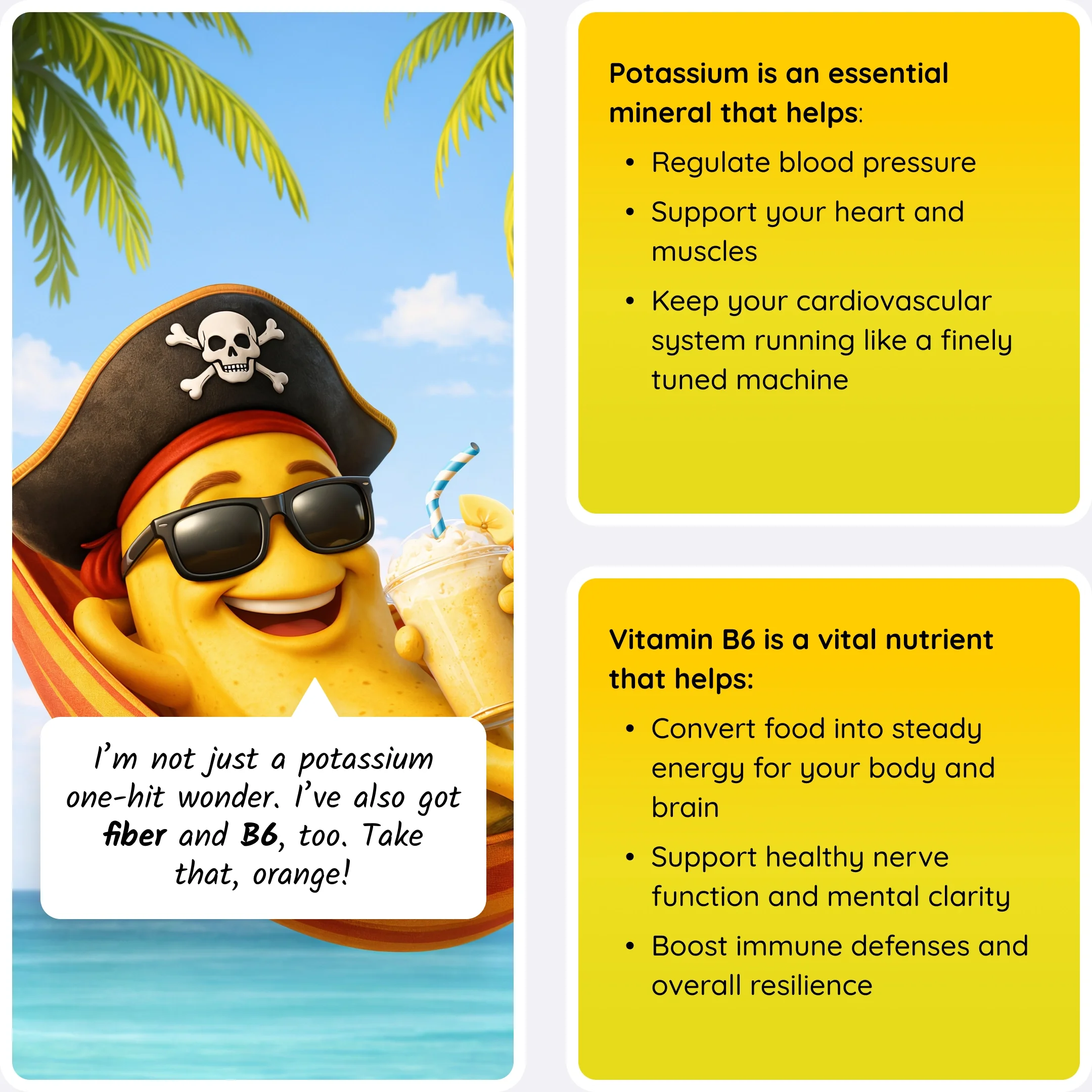  Cartoon banana character with sunglasses and a microphone next to panels explaining potassium and vitamin B6 benefits. 