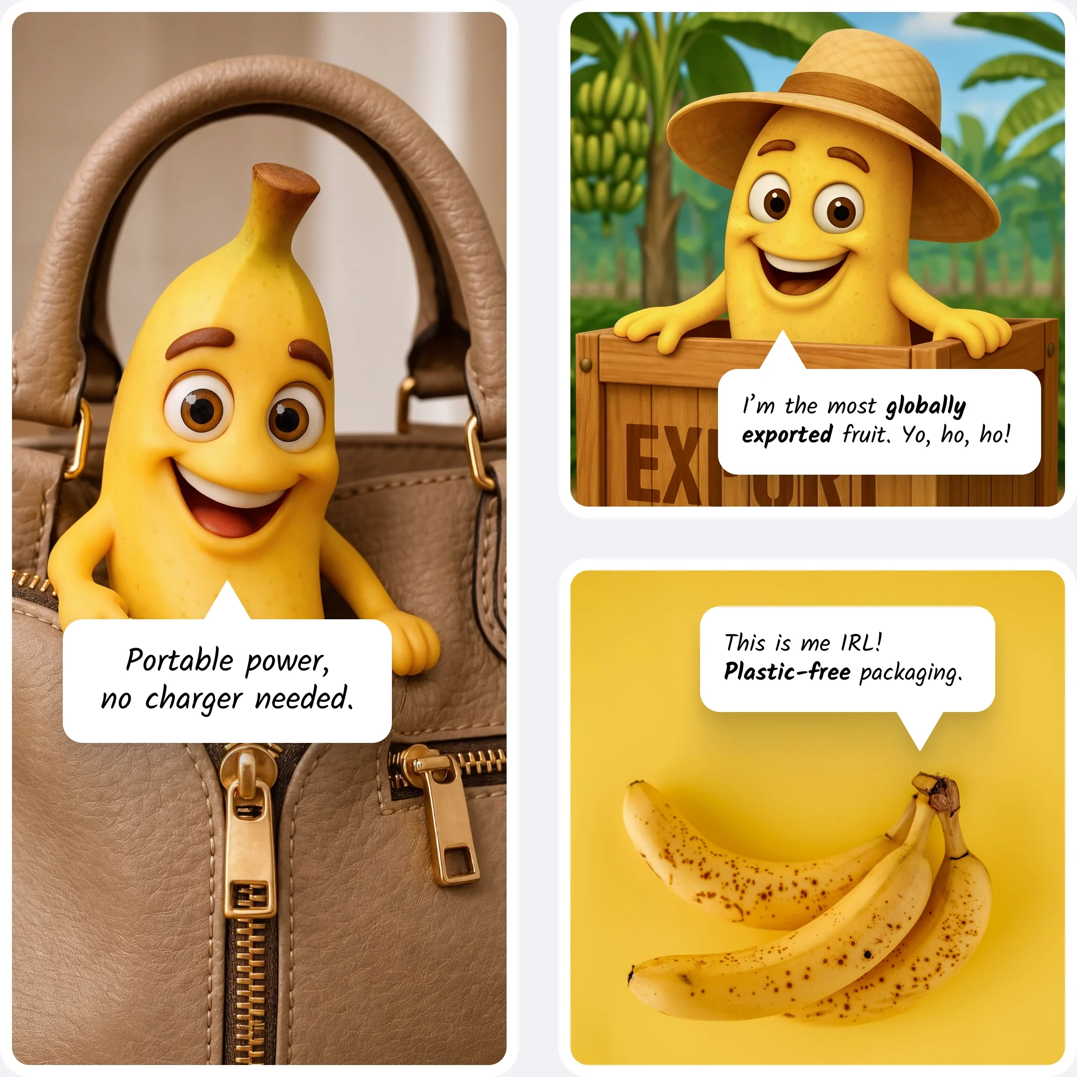  Banana character in a bag, a smiling banana in a crate, and a peeled banana highlighting portability and natural packaging. 