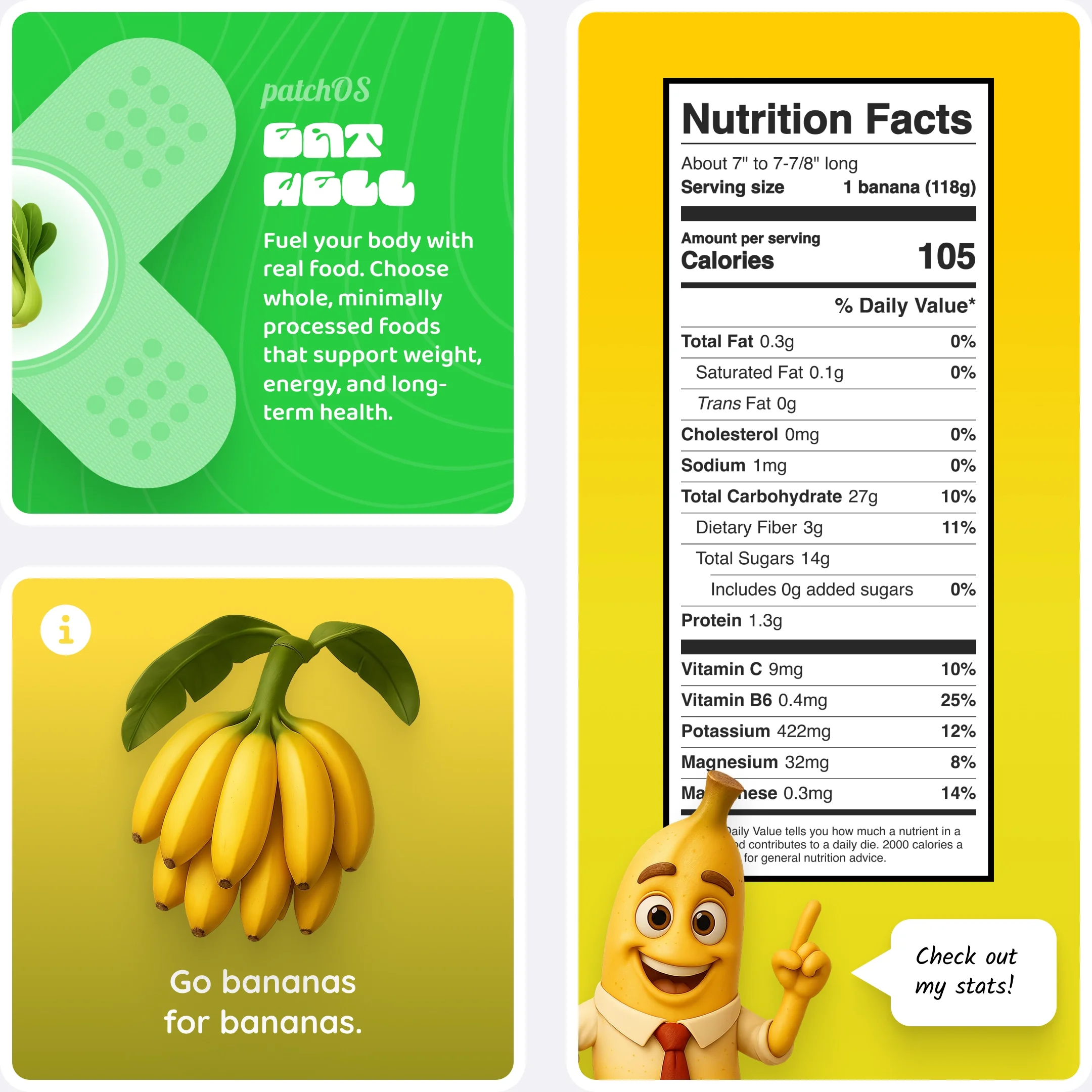  Green patchOS Eat Well card, a bunch of bananas, and a nutrition label with a banana character pointing to the stats. 