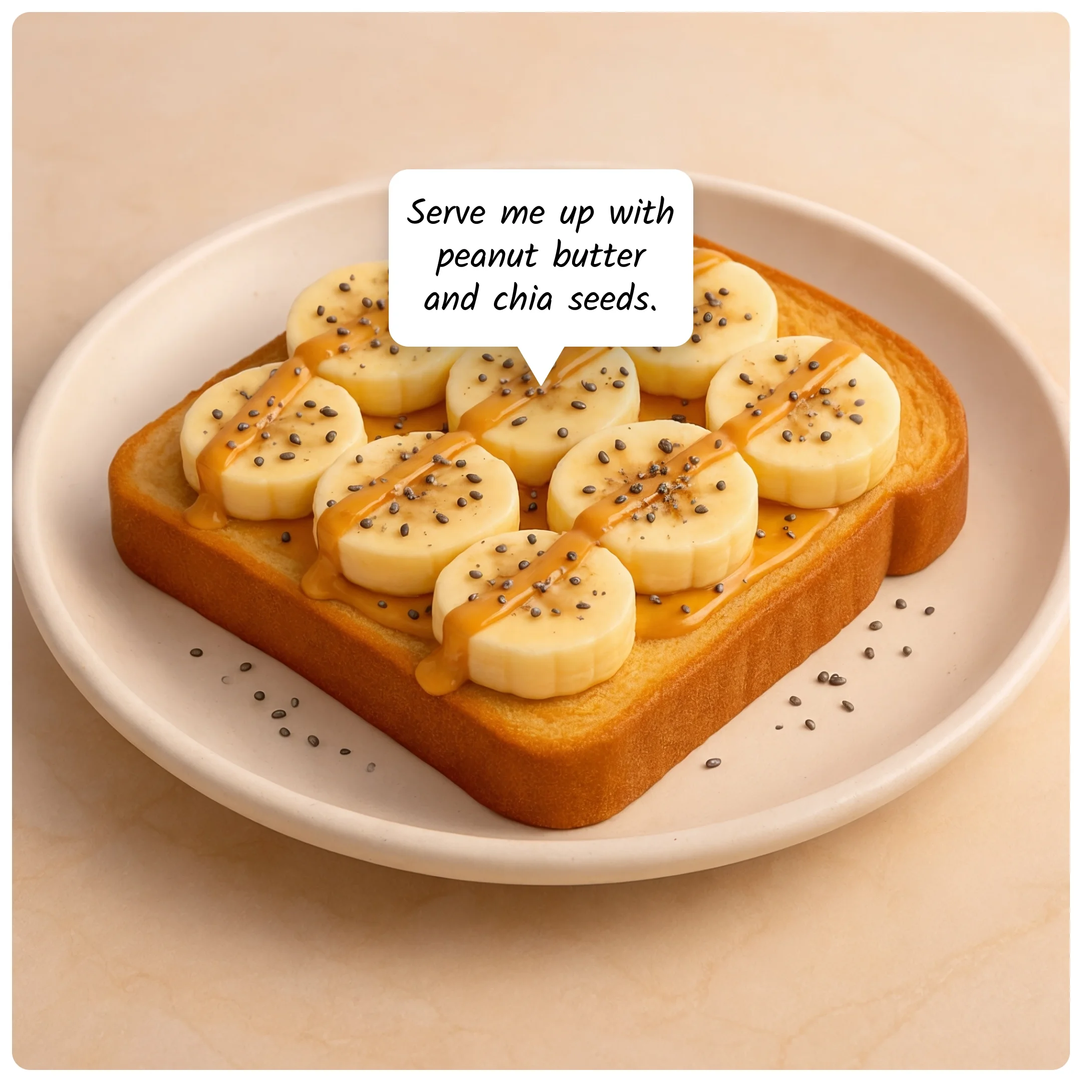  Toast topped with sliced bananas, peanut butter, and chia seeds on a plate. 