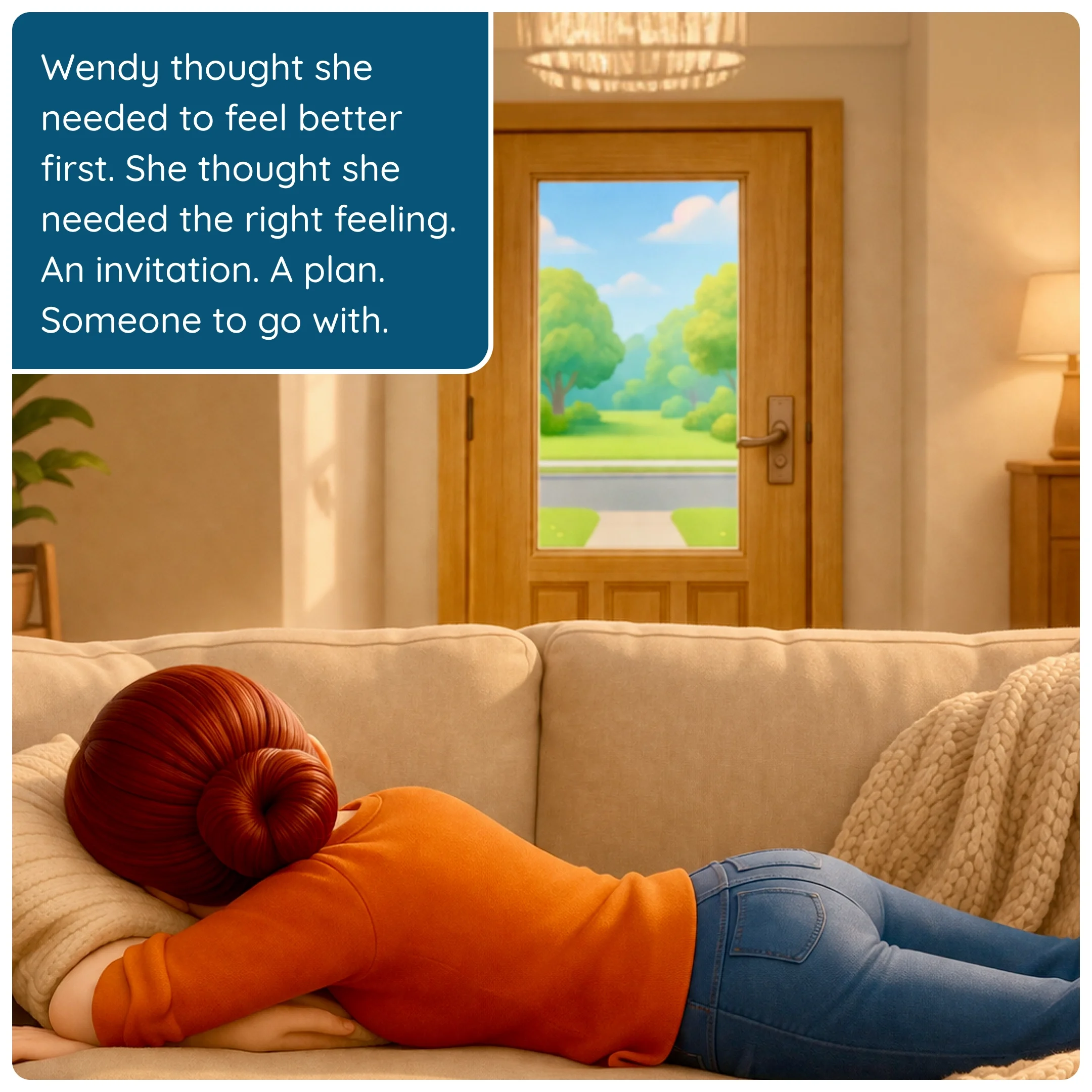  Woman lying face down on a couch, resting, with a front door and sunlight visible in the background. 