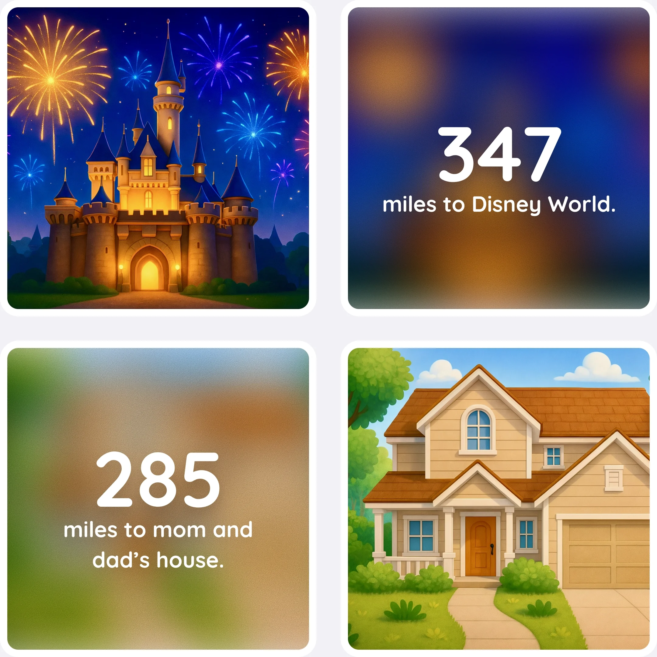  Illustrations show long distances to places like Disney World and family, contrasted with a shorter distance to the gym. 