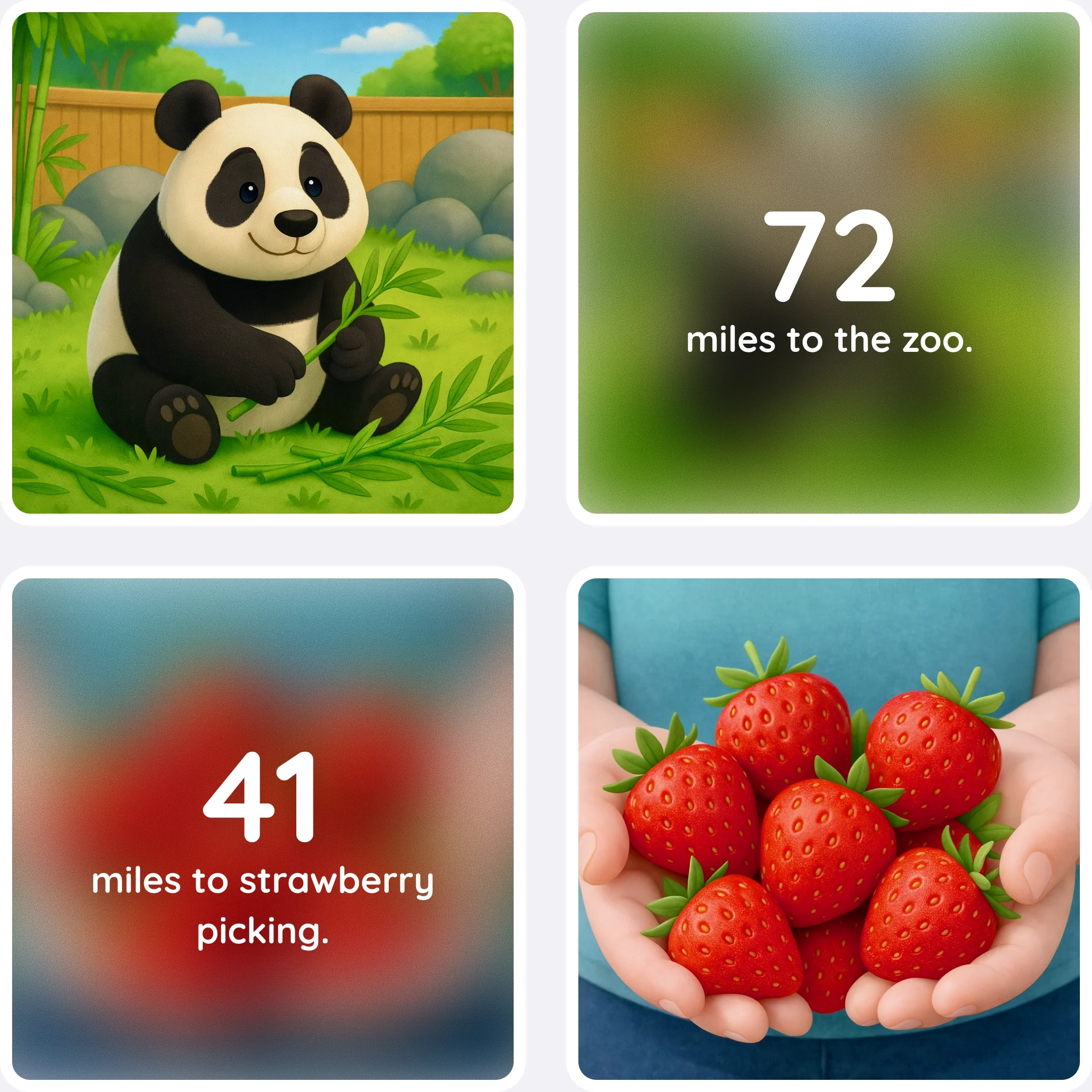  Images of strawberries and a zoo with text showing smaller but still distant locations. 