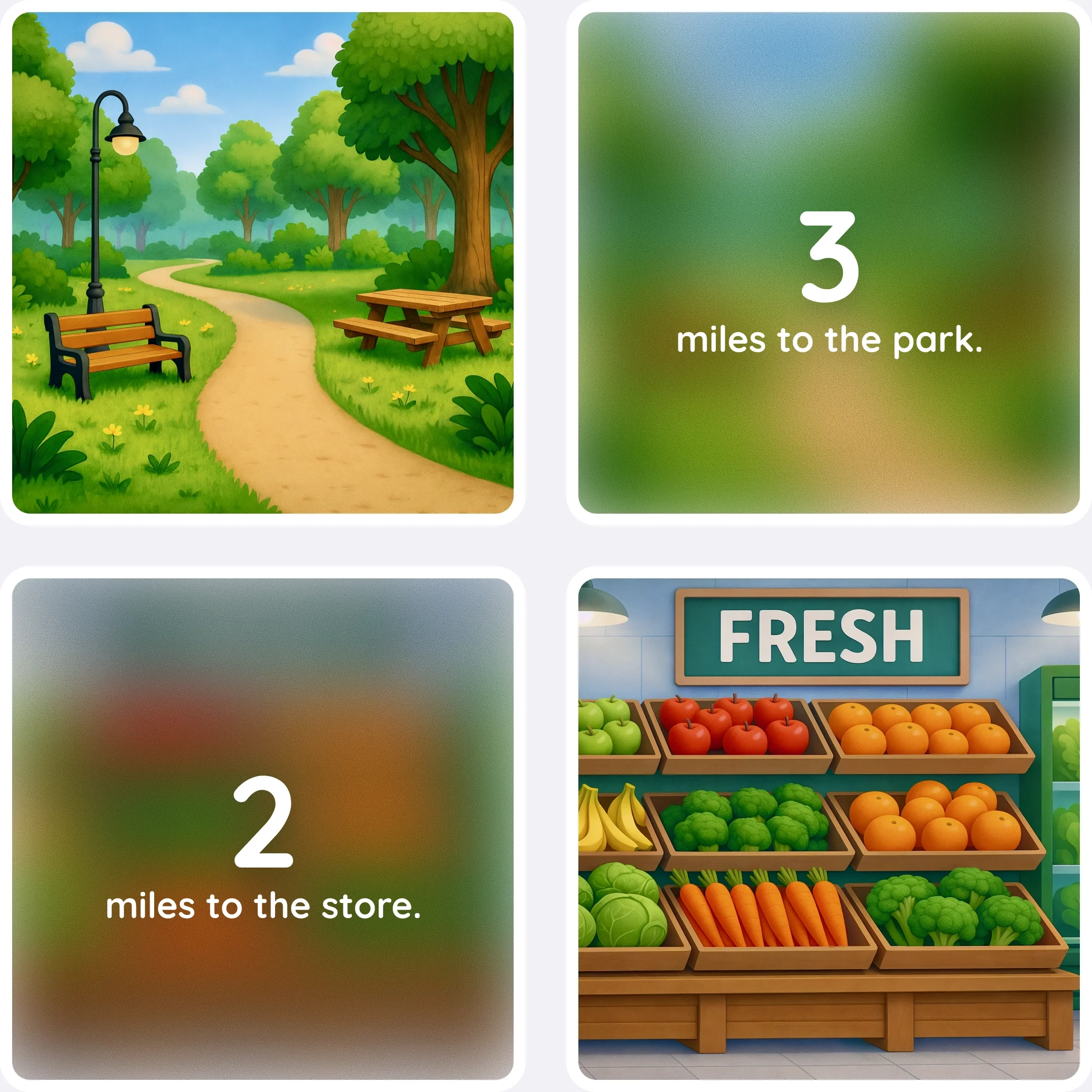  A nearby park and grocery store are shown with very short distances. 