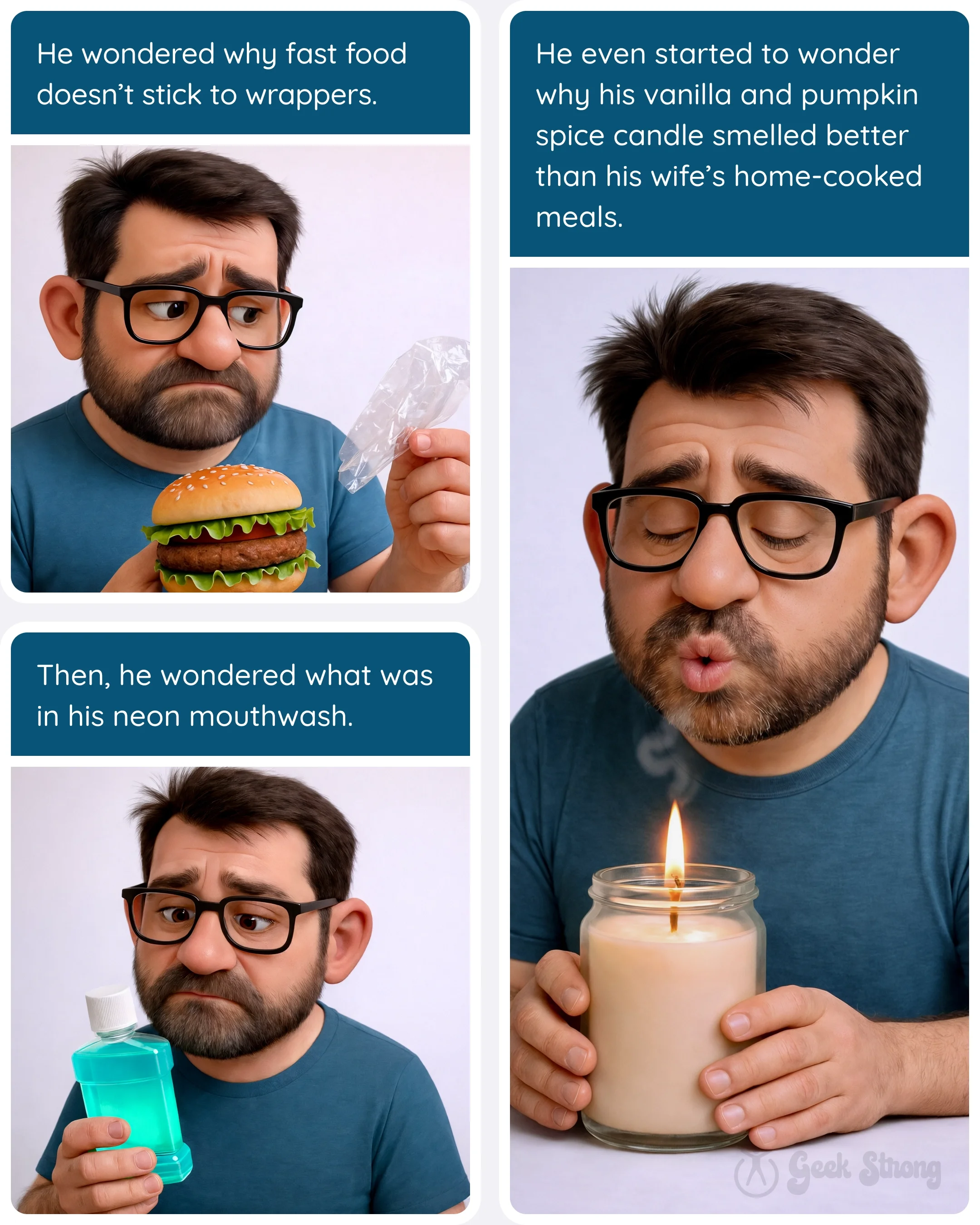  Hank studies a burger and its wrapper, puzzled about grease; then he inspects a bright blue mouthwash bottle. The text mentions fast-food wrappers and “neon mouthwash.” 