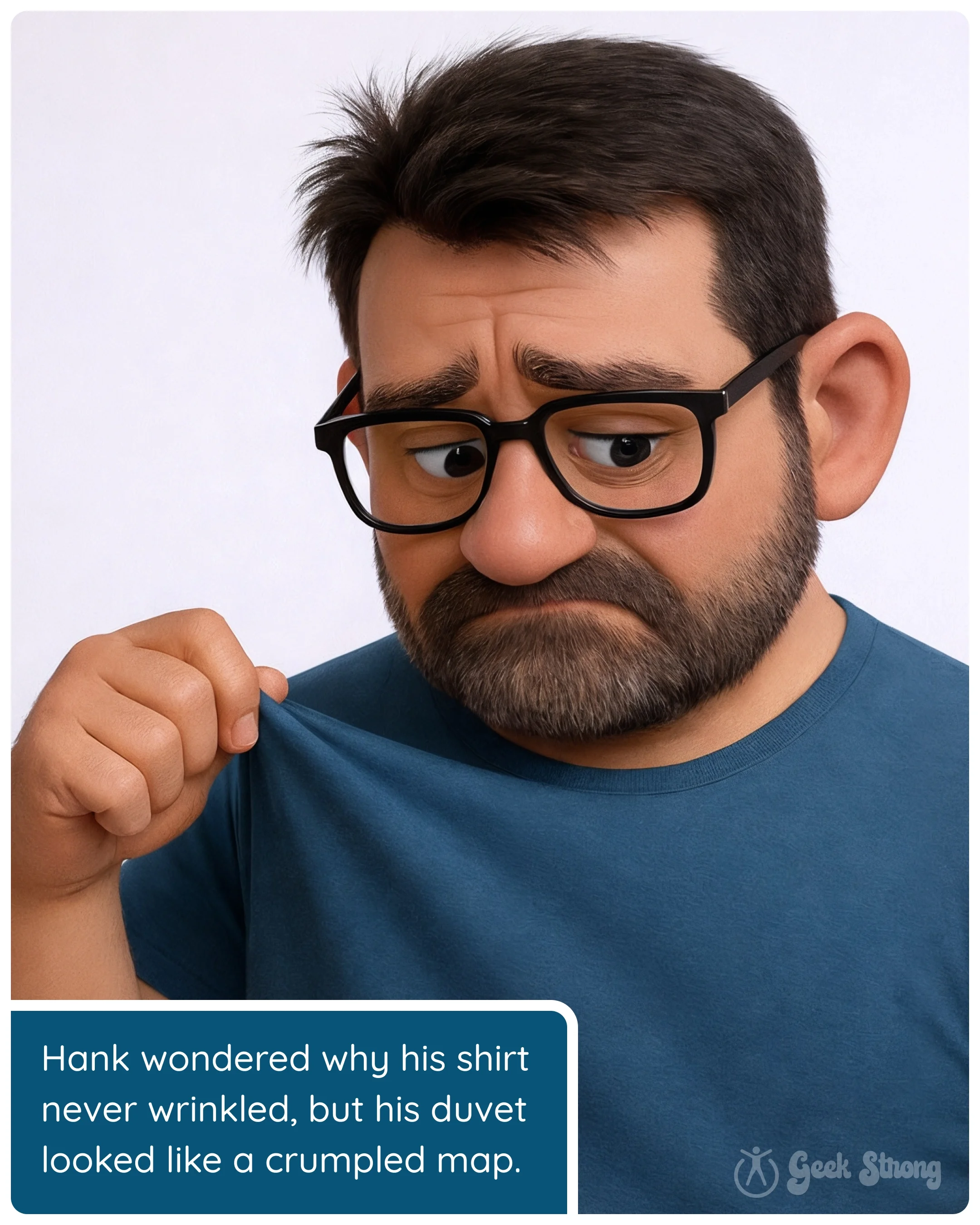  Hank frowns and tugs his shirt. Text: “Hank wondered why his shirt never wrinkled, but his duvet was more wrinkled than a crumpled map. 