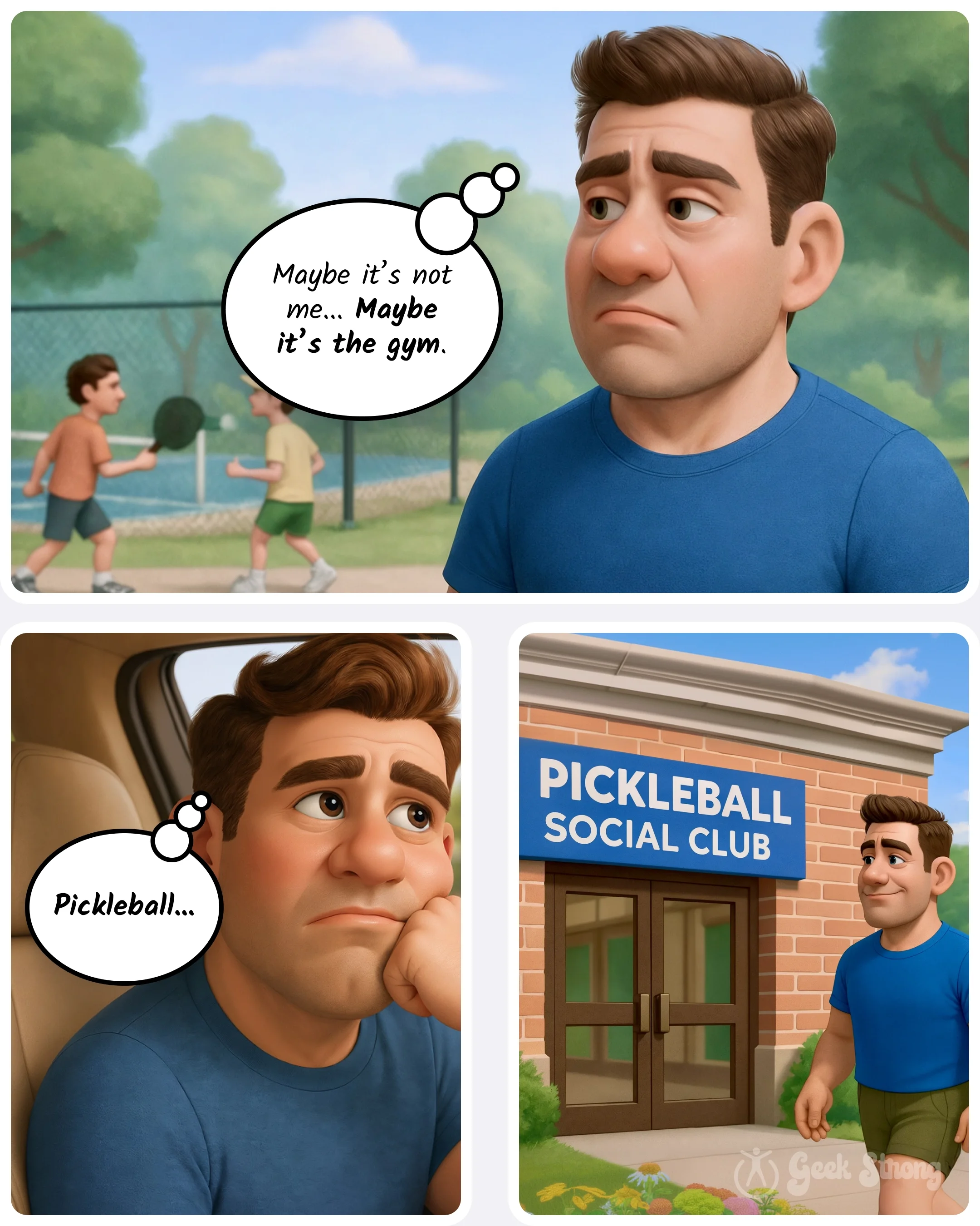  Man looks discouraged, questions whether the gym fits him, then notices a pickleball social club. 