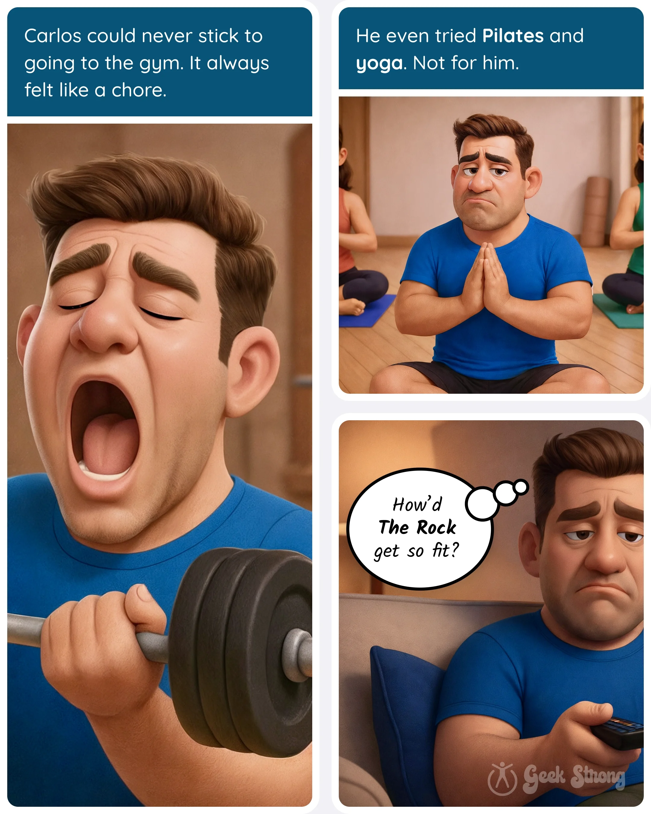  Man struggles through gym workouts, looking bored and exhausted as he lifts weights. 