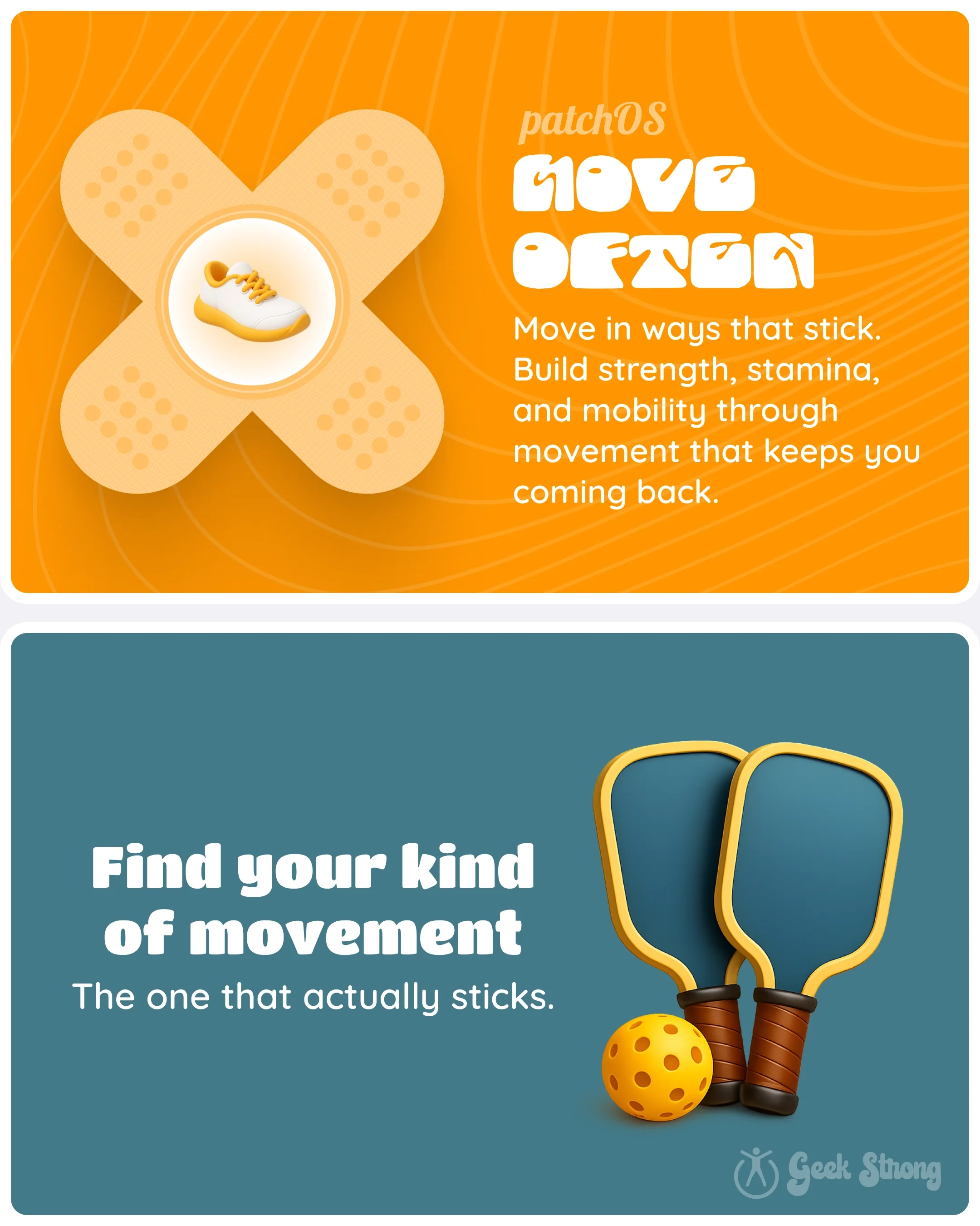  Patch graphic for “Move Often” alongside a final slide reading “Move to your own beat” with pickleball paddles. 
