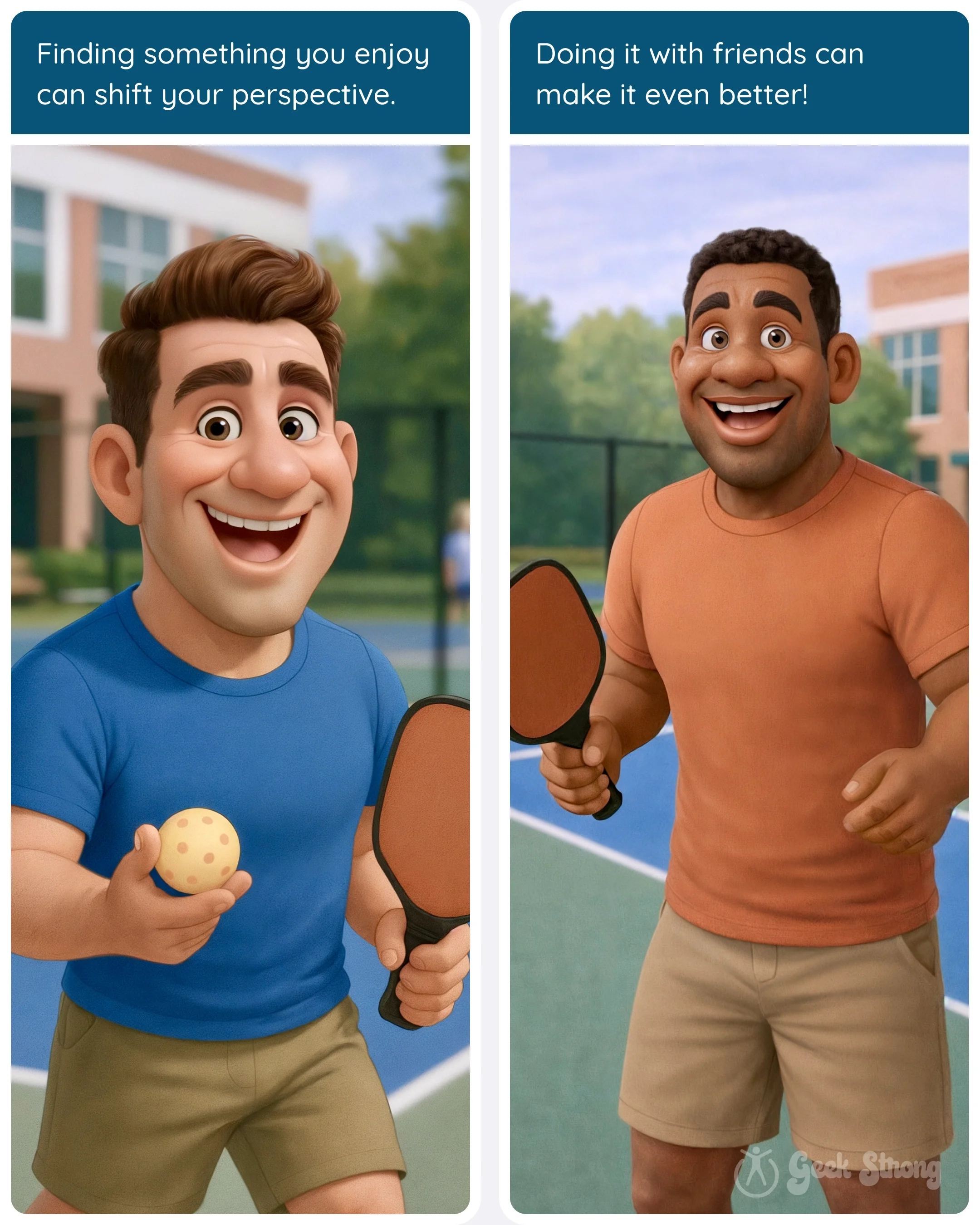  Man smiles while holding a pickleball paddle and ball, then plays happily with a friend outdoors. 