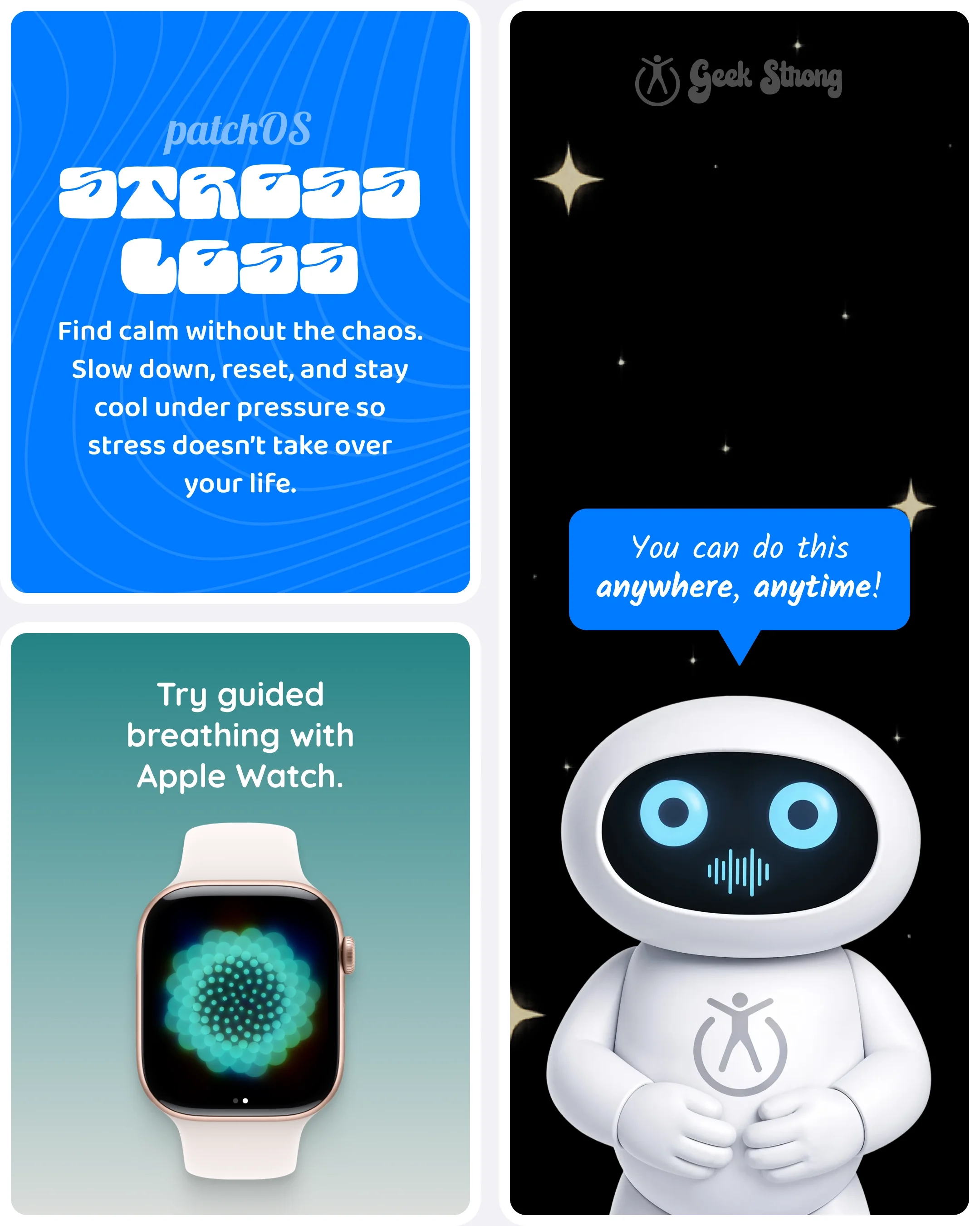  PatchBot introduces the patchOS Stress Less habit and the Apple Watch Mindfulness app — you can do this anywhere, anytime. 
