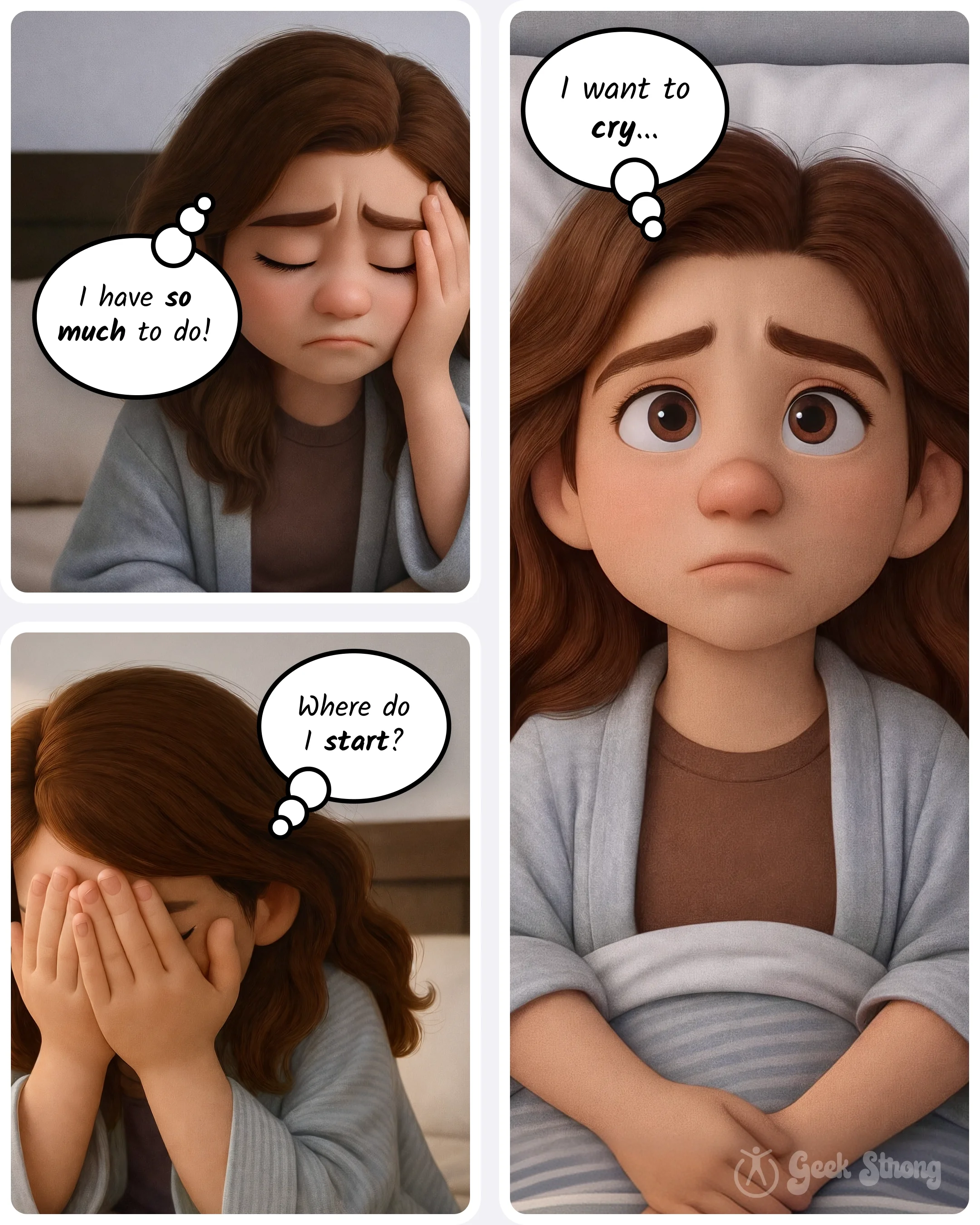  Claire sits overwhelmed on her bed, thinking she has so much to do and no idea where to start. 