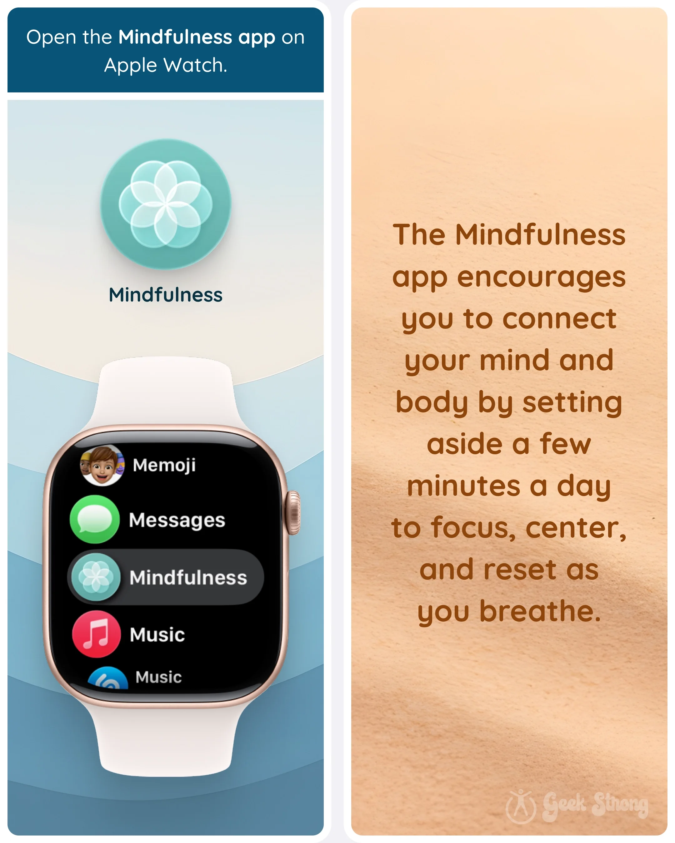  The Apple Watch Mindfulness app shown in the app list, with a panel explaining how daily breathing helps you focus, center, and reset. 
