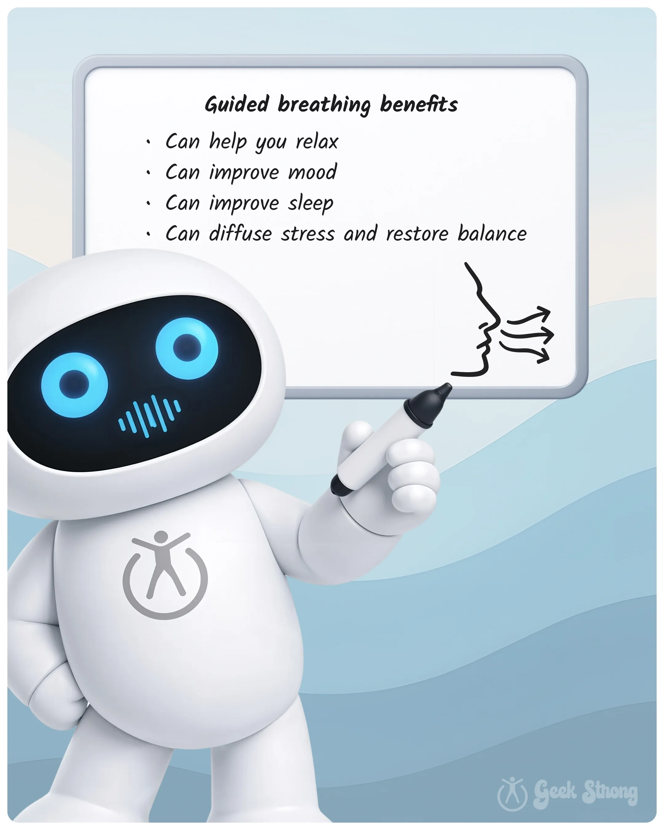  PatchBot at a whiteboard, teaching the benefits of guided breathing: helps you relax, improves mood and sleep, and reduces stress. 