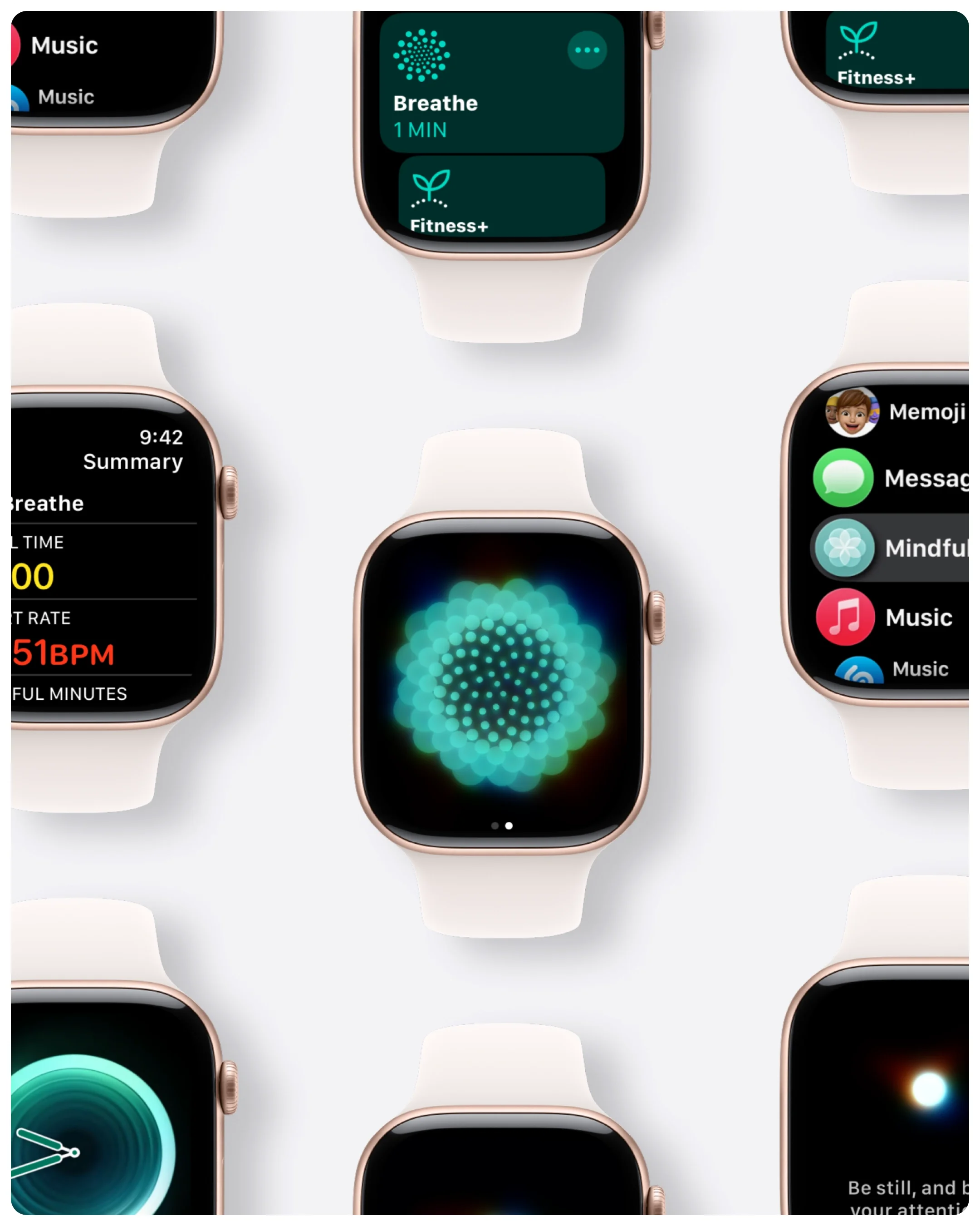 A mosaic of Apple Watch screens showing the Mindfulness and Breathe apps — the habit made visible. 