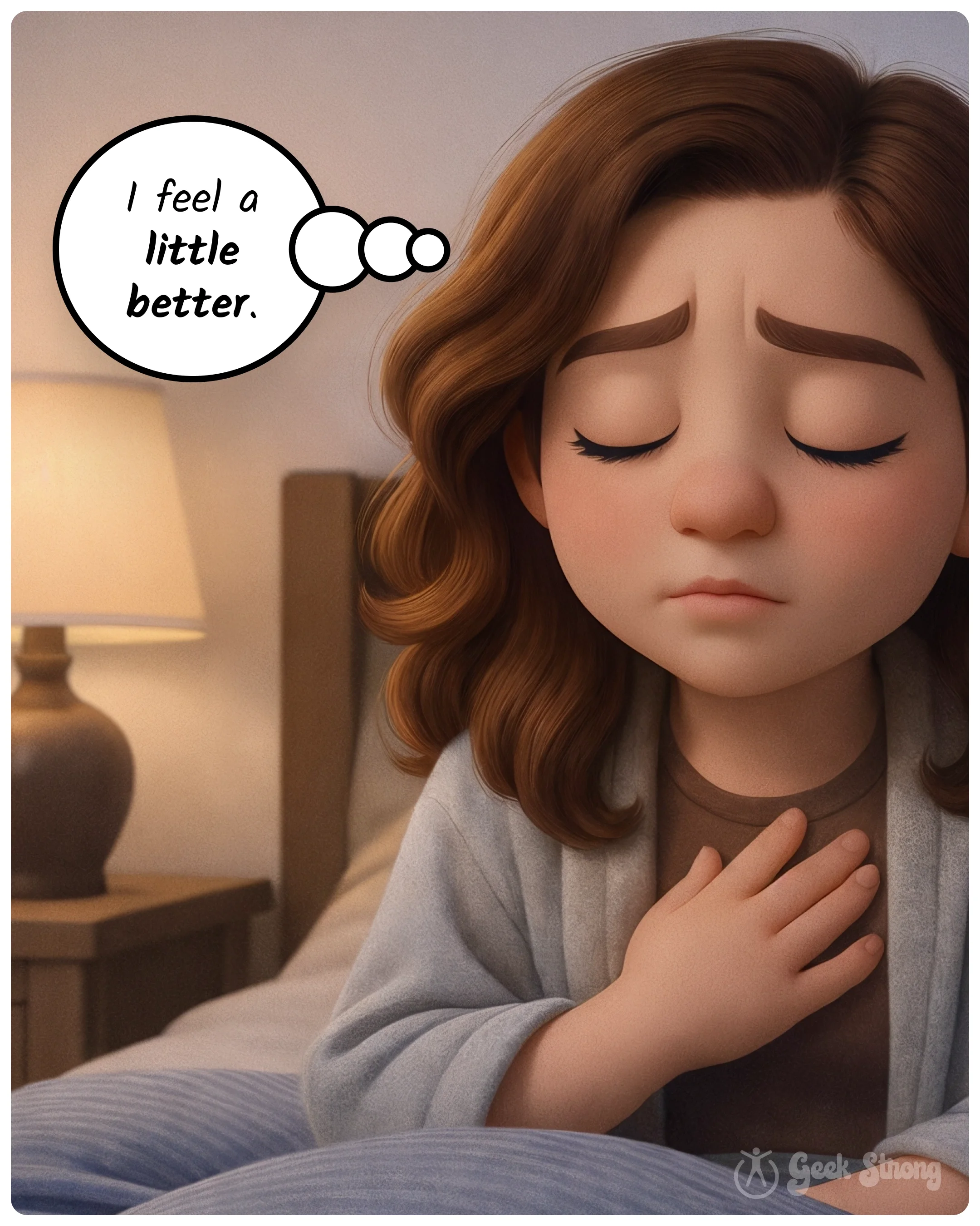  Claire rests with her eyes closed and hand on her chest, thinking she feels a little better. 