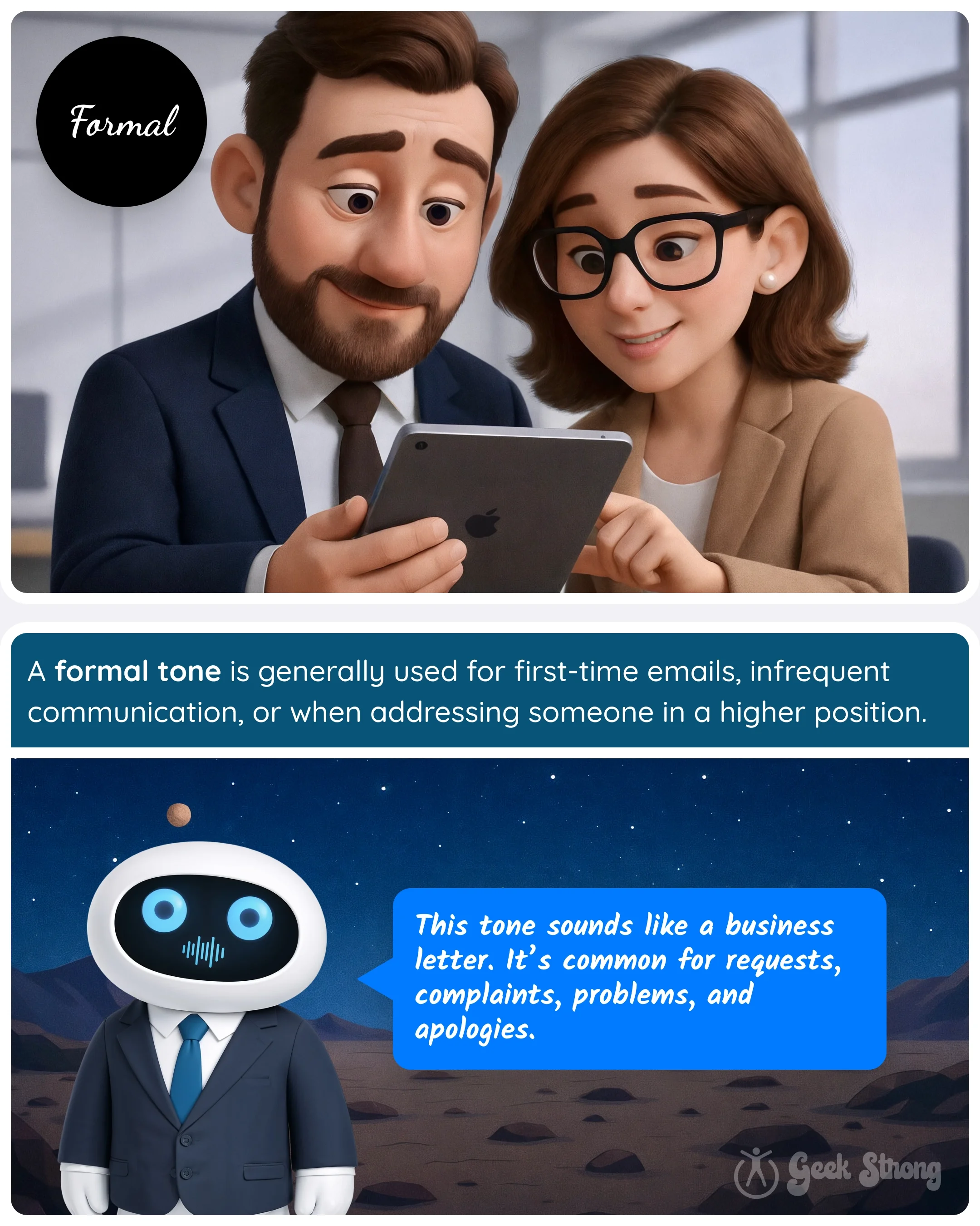  Formal email tone example showing two professionals looking at a phone and a robot explaining when to use formal tone. 