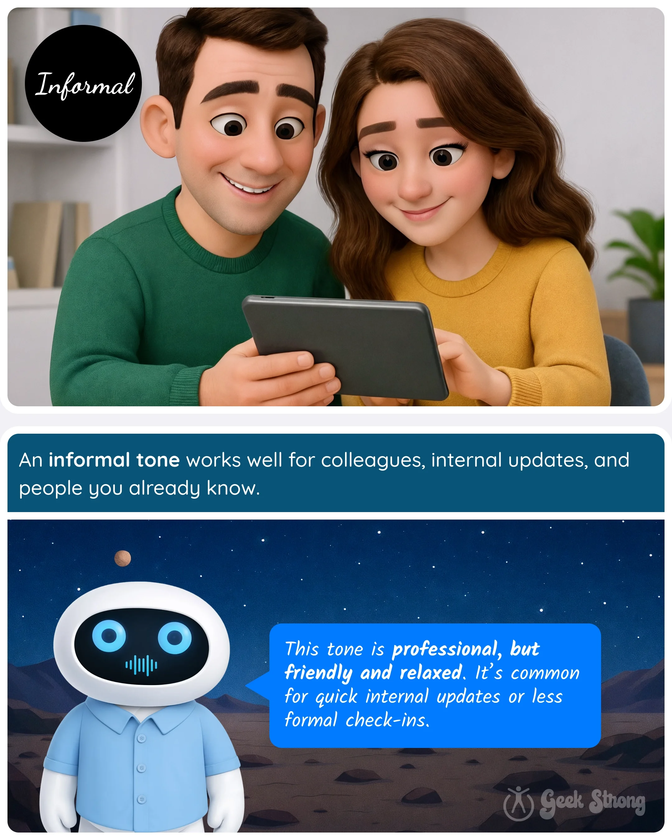  Informal email tone example showing coworkers looking at a tablet and a robot explaining friendly internal communication. 