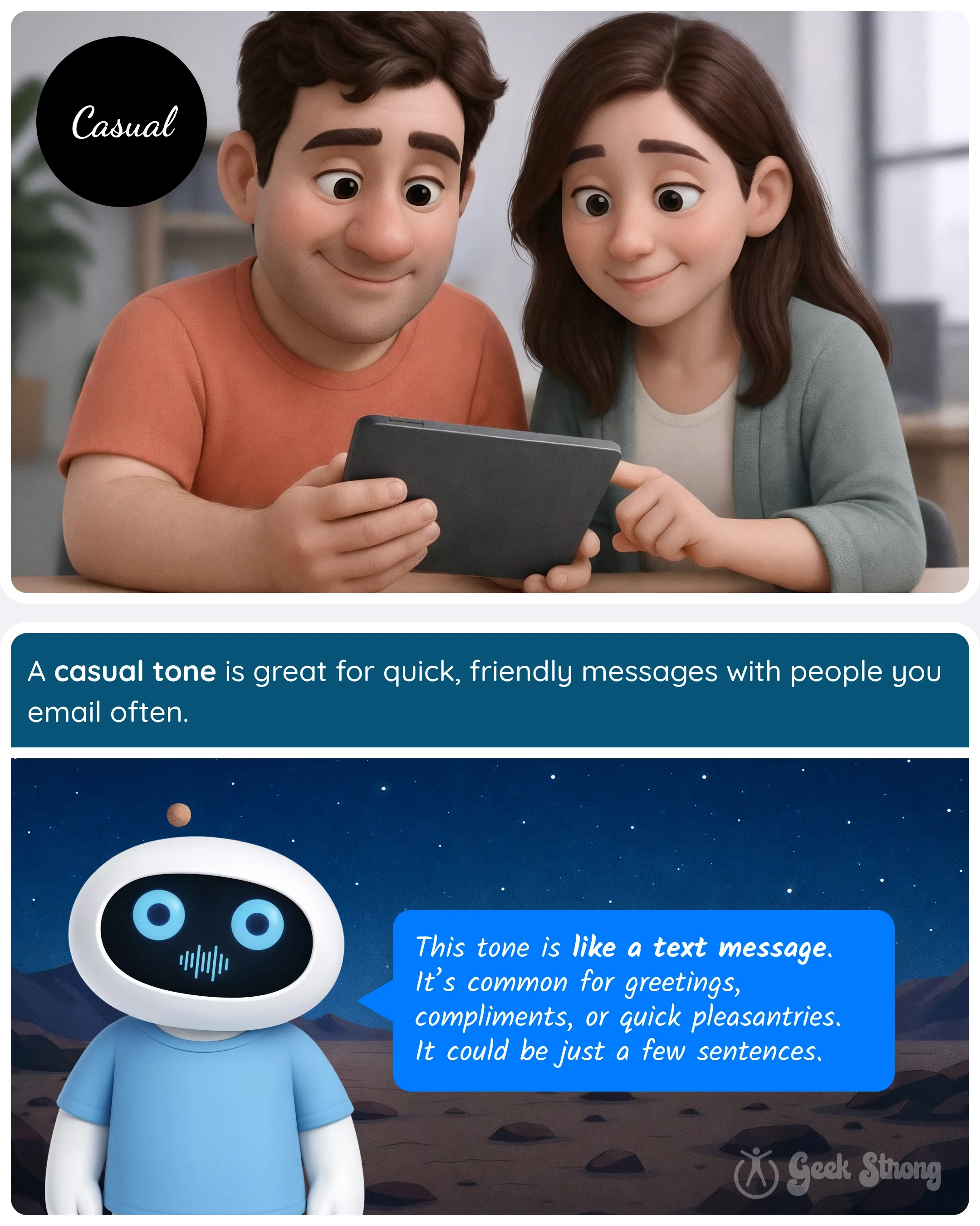  Casual email tone example showing two people looking at a tablet and a robot explaining quick friendly messages. 