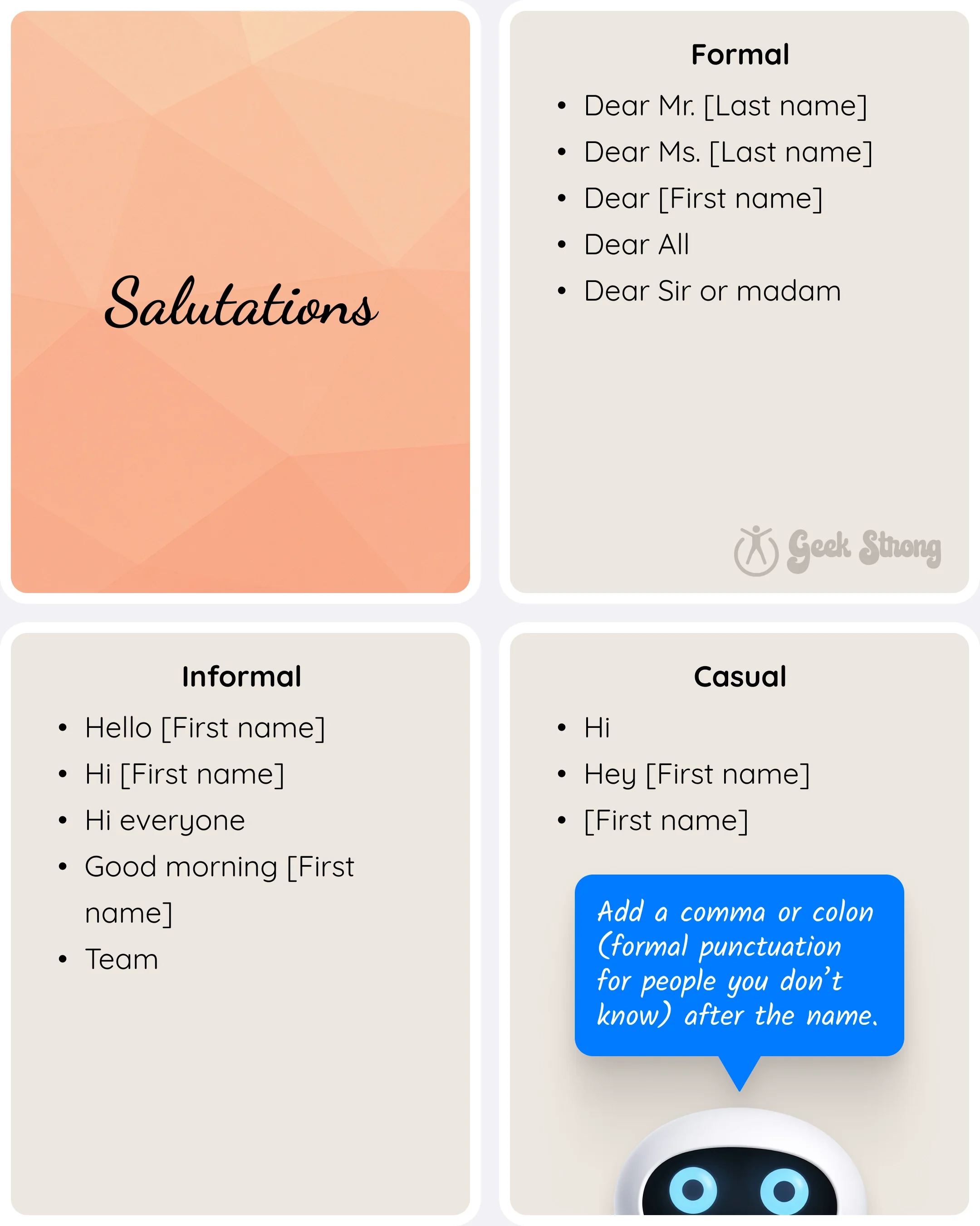  Examples of email salutations categorized into formal, informal, and casual greetings. 