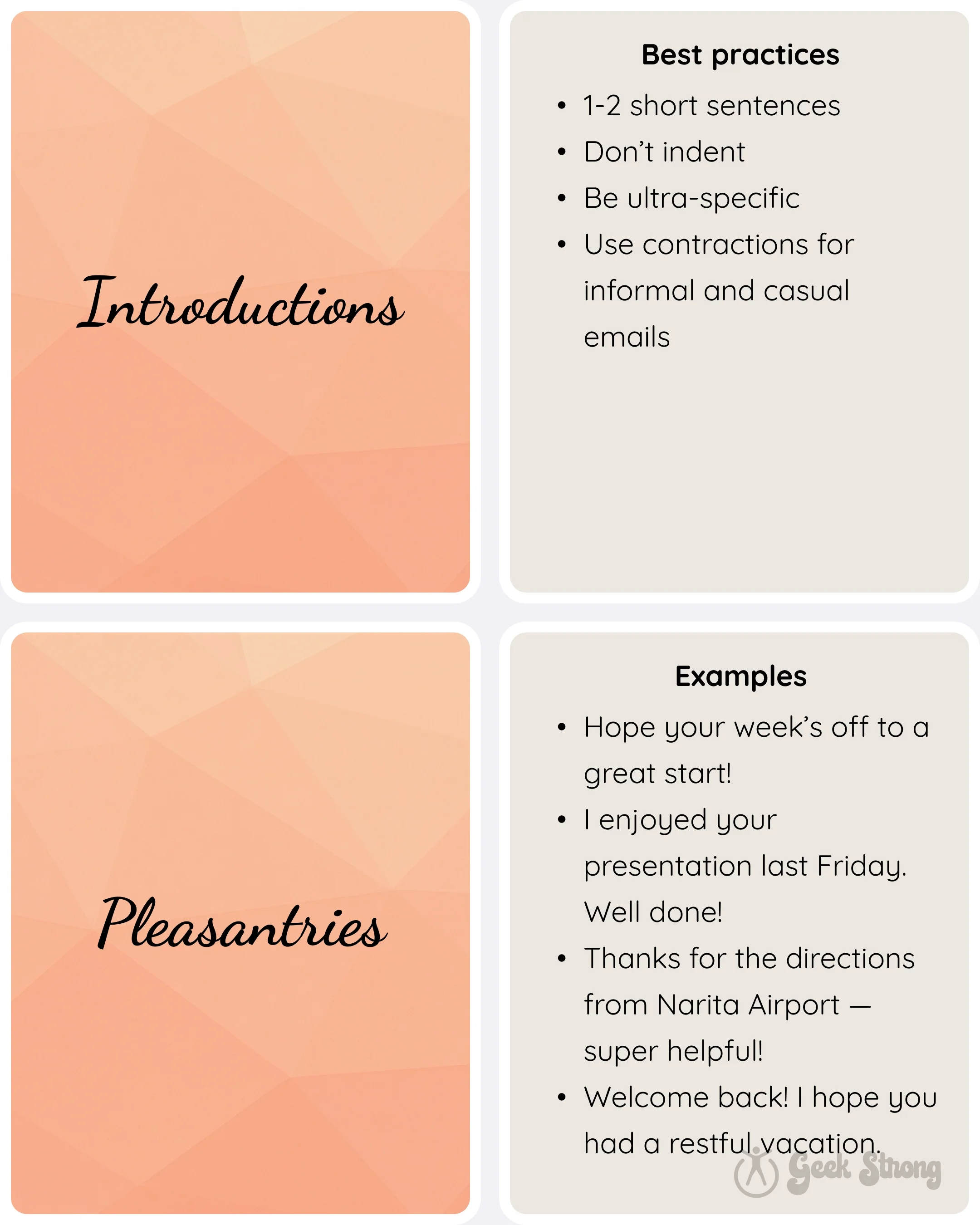  Cards titled Introductions and Pleasantries with lists of best practices and example opening lines for emails. 